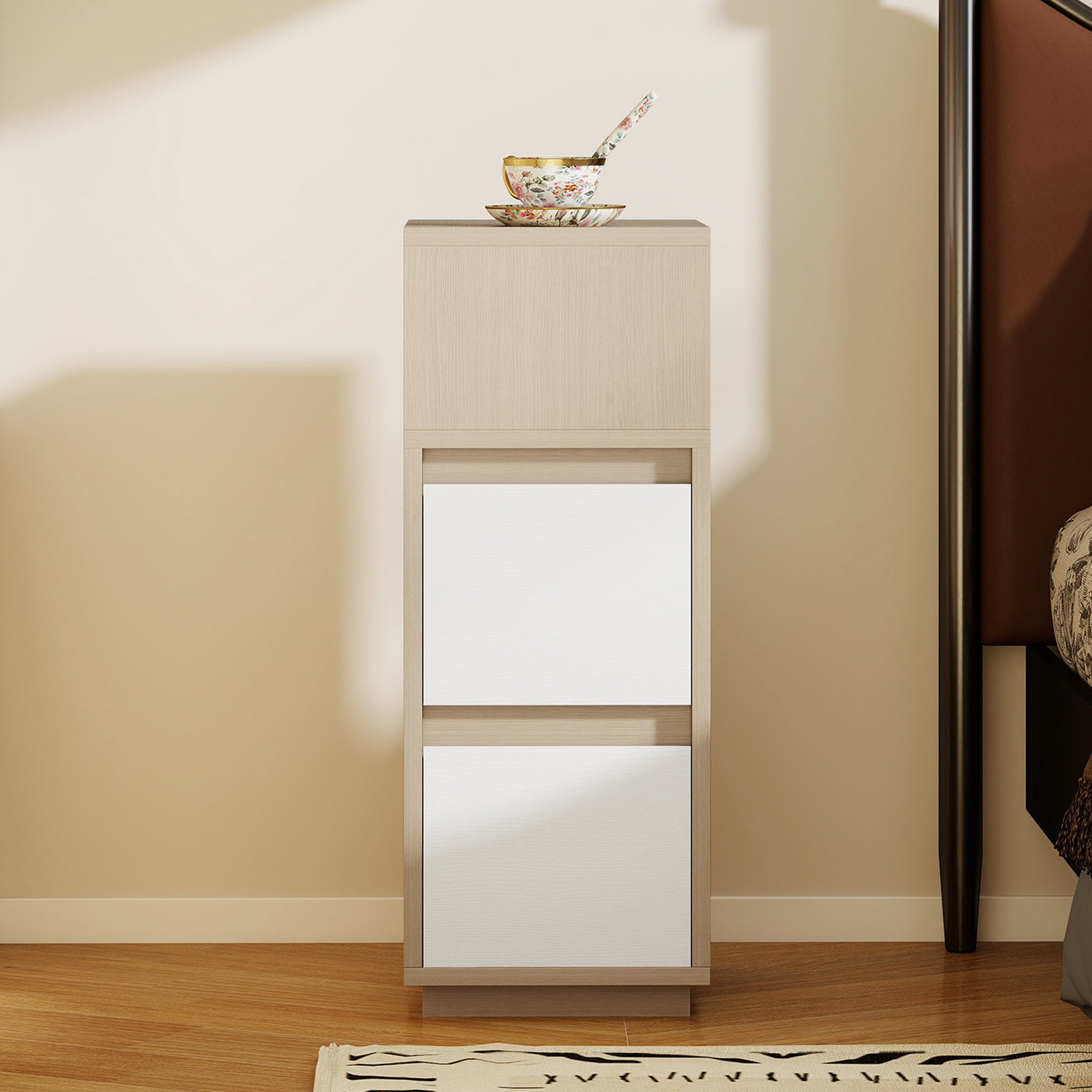 HOMCOM Slim Bedside Table, Narrow Bedside Cabinet with Open Shelf and 2 Drawers for Bedroom, Living Room, Natural Wood Finish