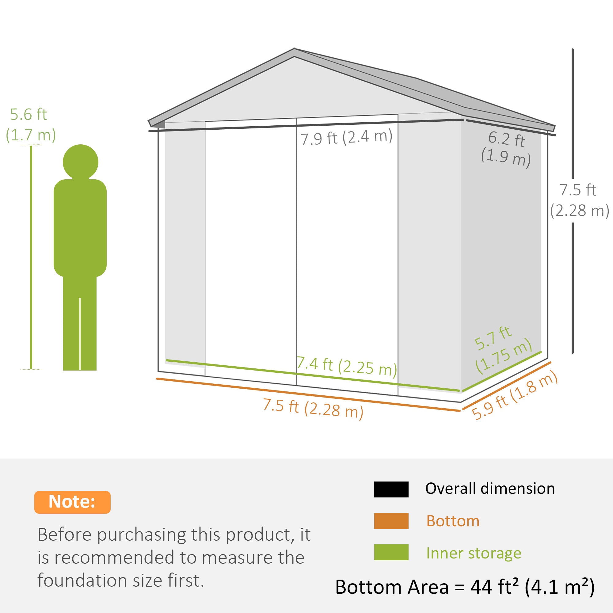 Outsunny 7.9ft x 6.2ft Aluminium Frame and Plastic Wall Shed, with Foundation - Grey
