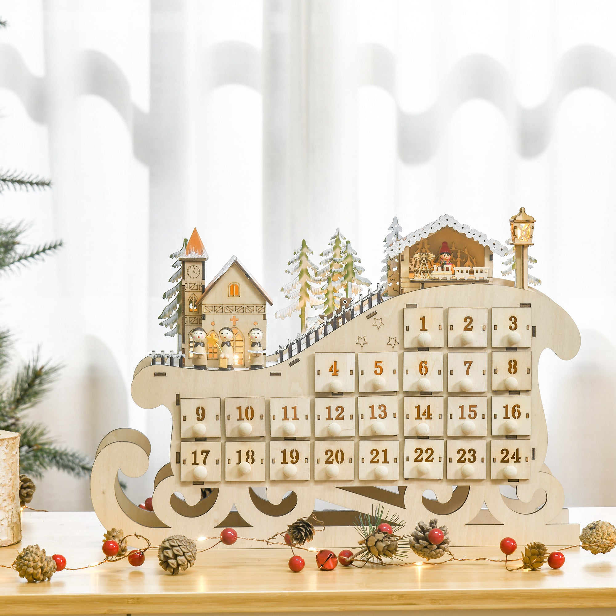 HOMCOM Christmas Advent Calendar, 2021 Light Up Table Xmas Wooden Sleigh Holiday Decoration with Countdown Drawer, Village, for kids Adults, Natural Wood Color - North Peak Garden Furniture