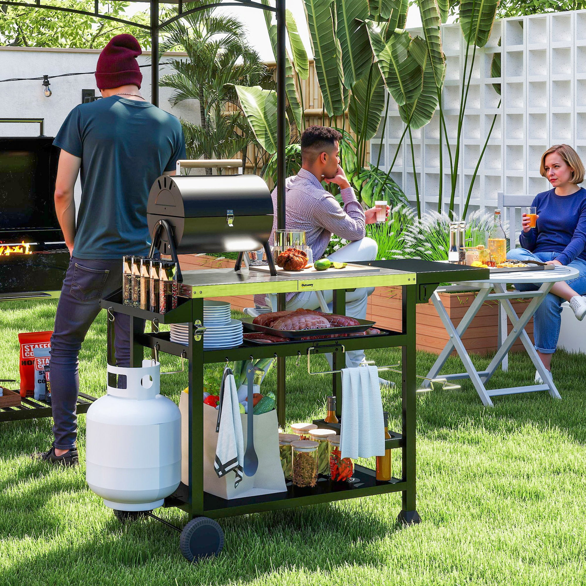 Outsunny Multi-Feature BBQ Grill Table, with Stainless Steel Top - Black - North Peak Garden Furniture