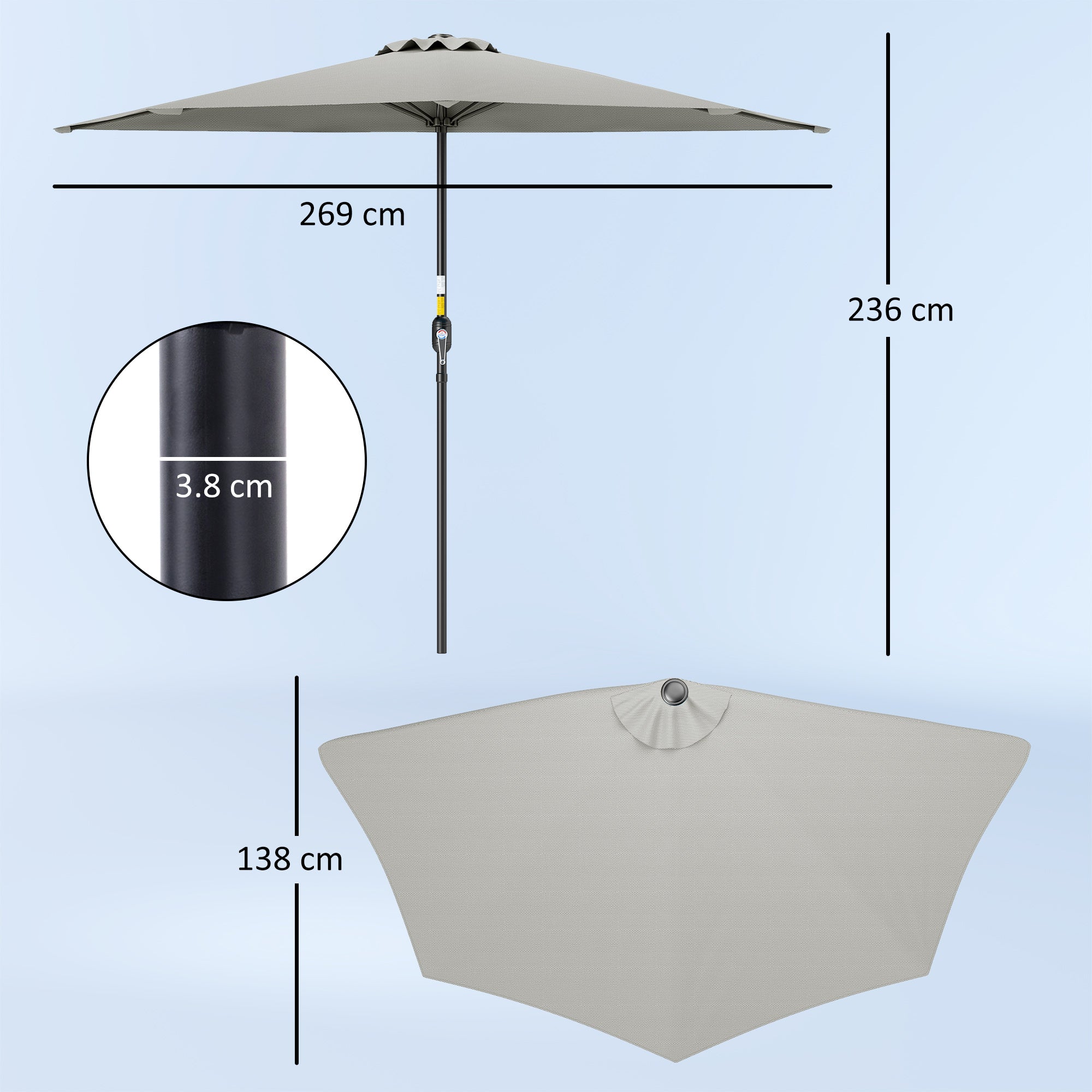 Outsunny Half Round Parasol Umbrella - Light Grey - North Peak Garden Furniture