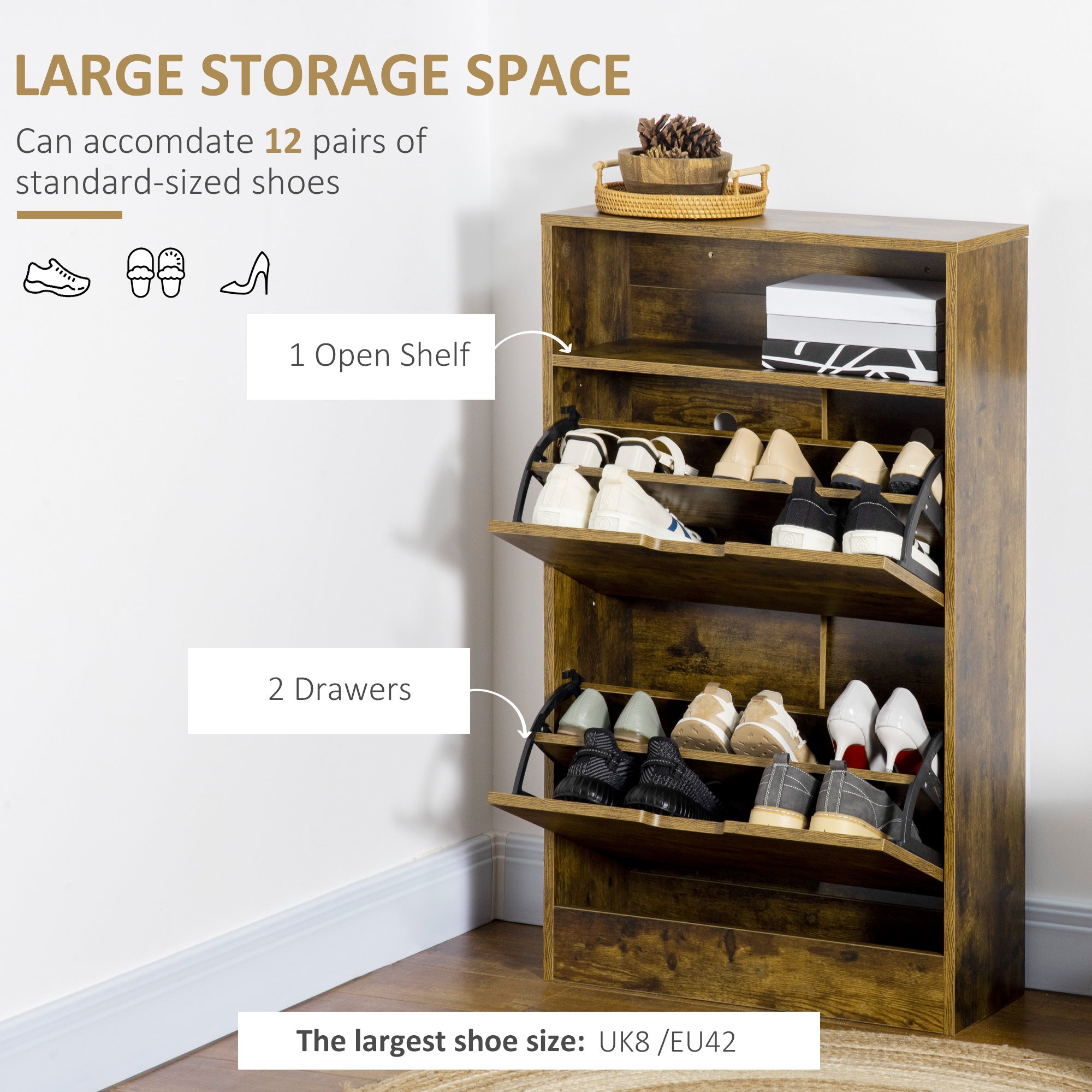 HOMCOM Shoe Cabinet with 2 Flip Doors, Slim 2-Drawer Shoe Cupboard with Adjustable Divider and Open Compartment for 12 Pairs of Shoes, Entryway Storage Unit, Rustic Brown - North Peak Garden Furniture