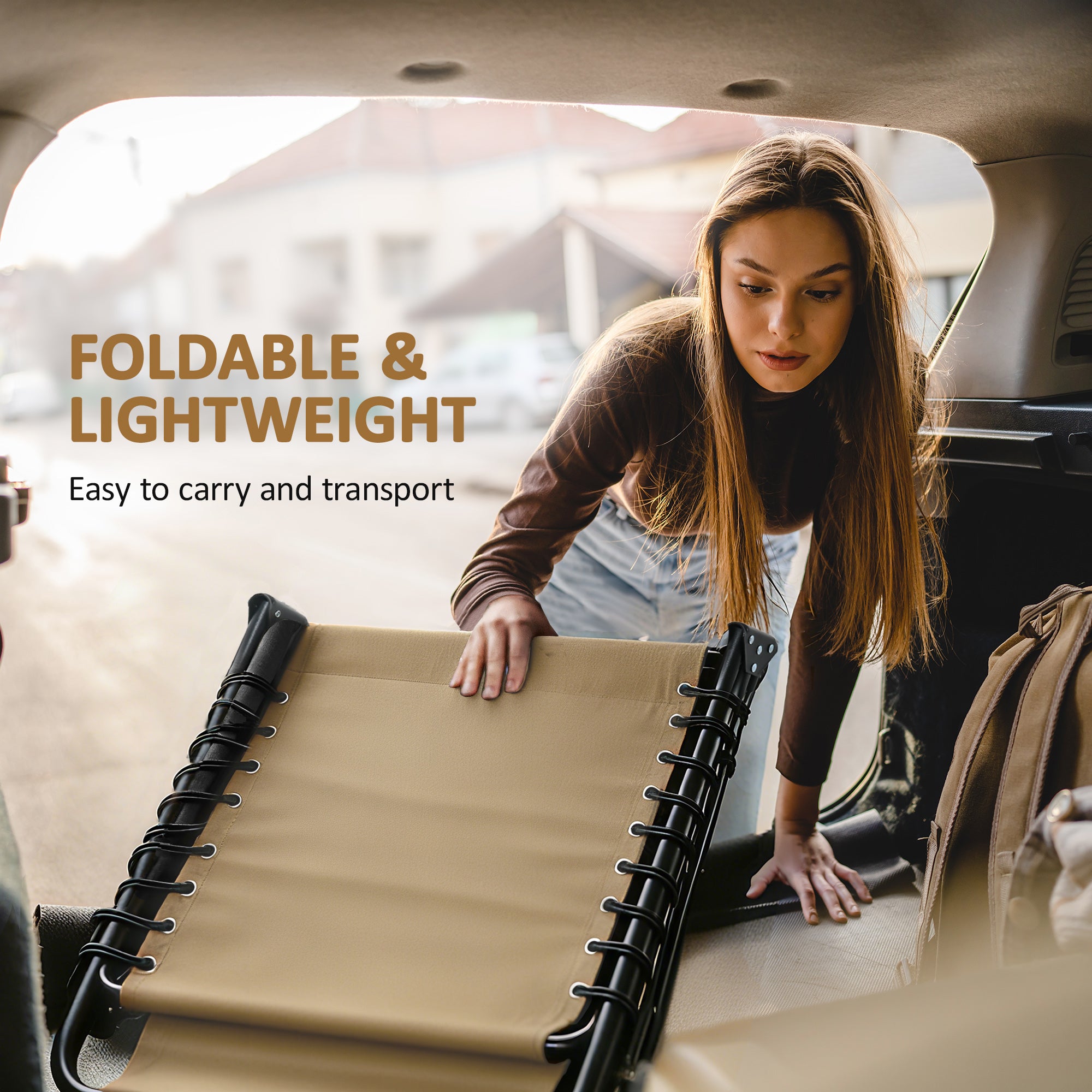 Outsunny Portable Sun Lounger, Folding Camping Bed Cot, Reclining Lounge Chair 5-position Adjustable Backrest with Side Pocket, Pillow for Patio Garden Beach Pool, Beige