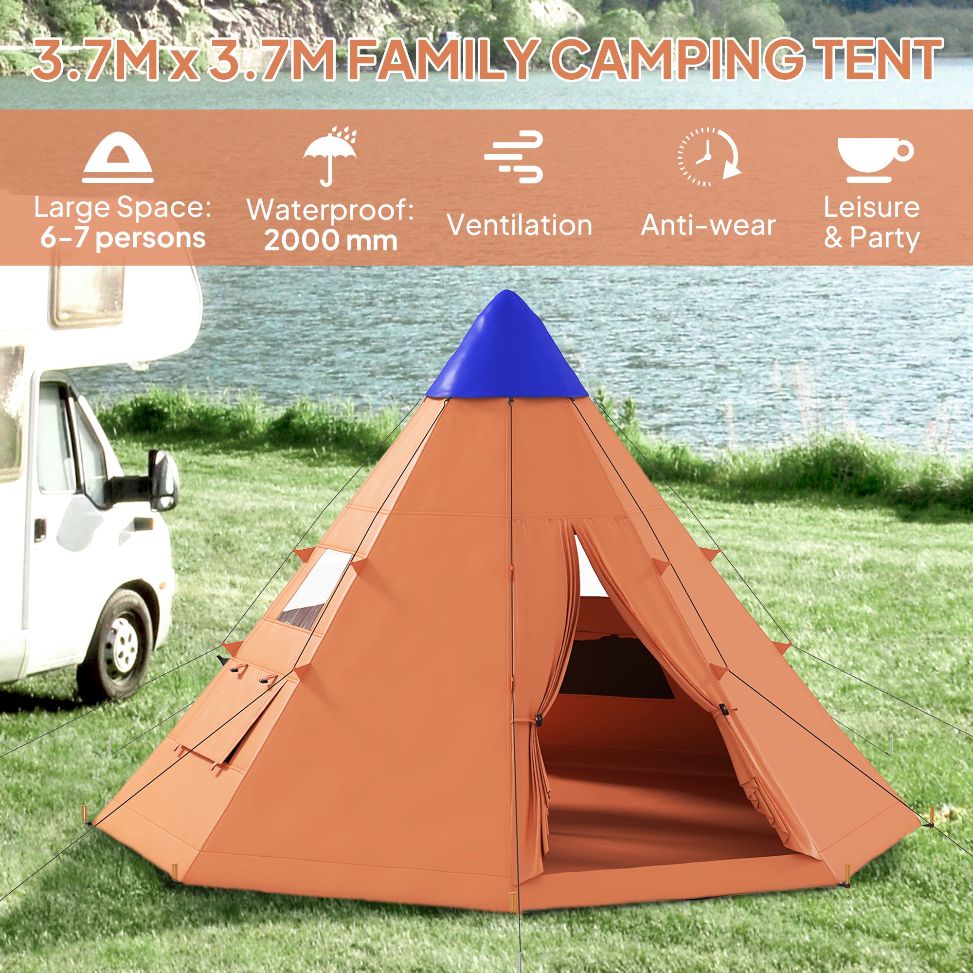 Outsunny 6 Men Tipi Tent with Carry Bag - Orange - North Peak Garden Furniture