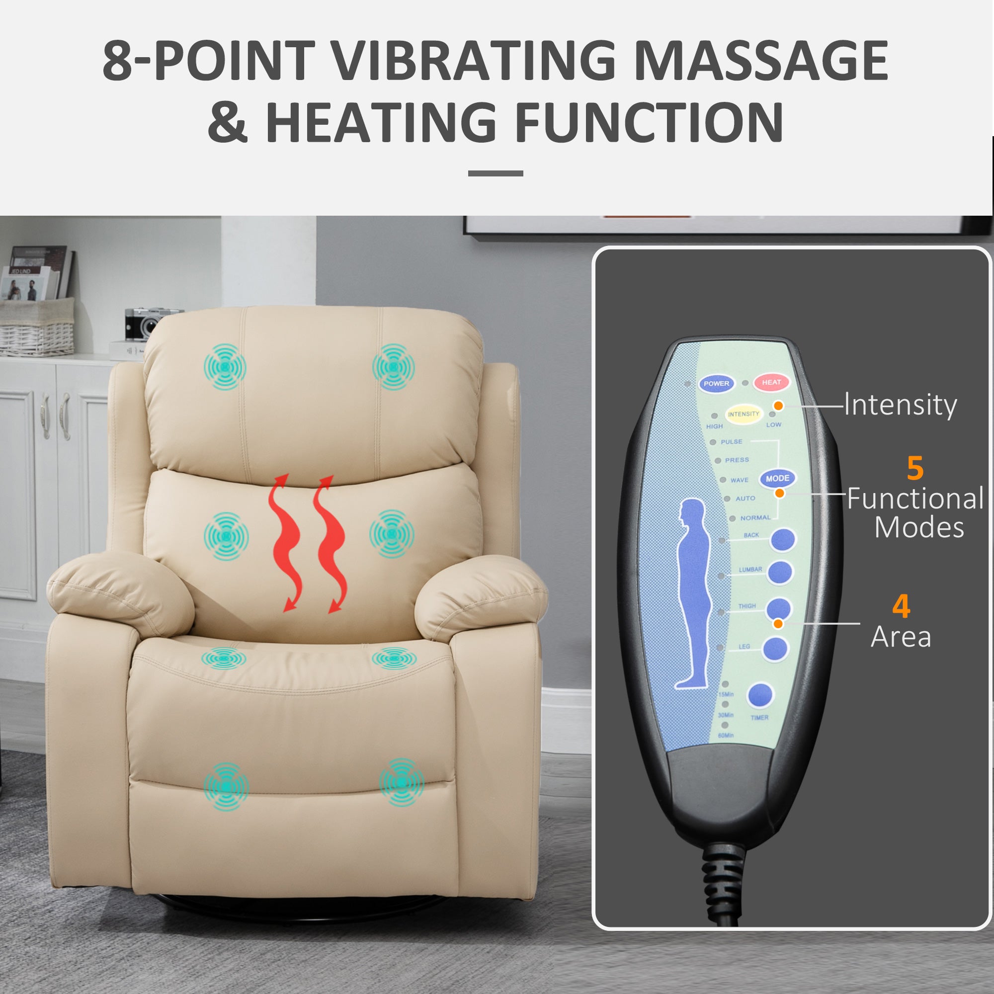 HOMCOM PU Leather Reclining Chair with 8 Massage Points and Heat, Manual Recliner with Swivel Base, Footrest and Remote, Beige - North Peak Garden Furniture