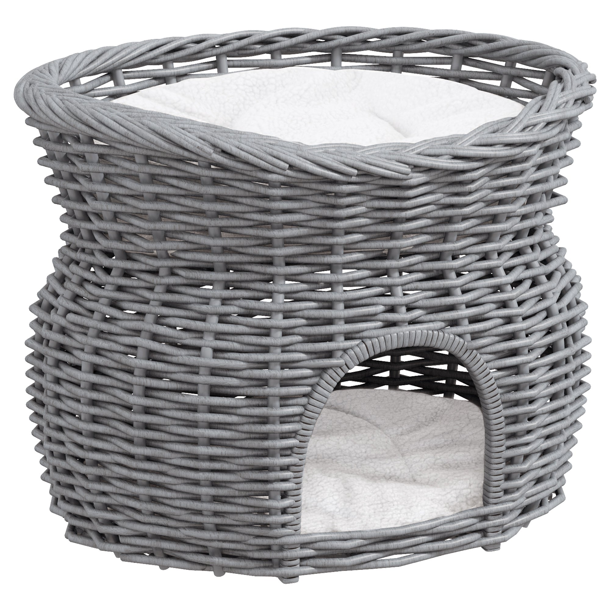 PawHut 2-Tier Wicker Cat House Elevated Pet Bed Basket Willow Kitten Tower Pet Den. with Washable Cushions 56x37x40cm Grey - North Peak Garden Furniture