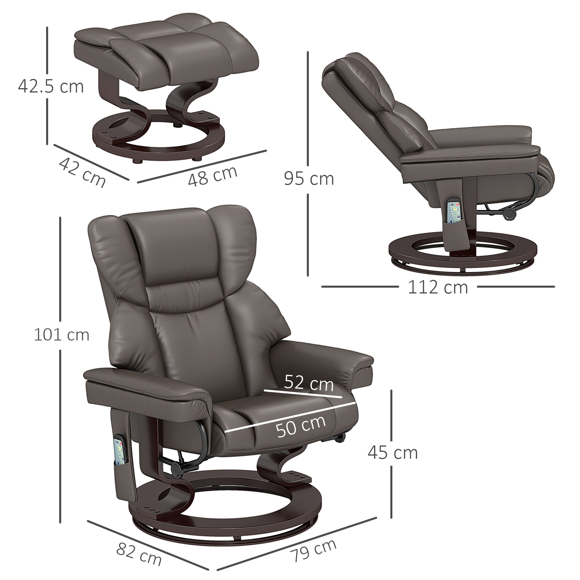 HOMCOM Massage Recliner Chair with Footstool, Upholstered Reclining Armchair with Adjustable Backrest, Steel Frame and Wood Base, Swivel Chair for Living Room, Bedroom, Brown - North Peak Garden Furniture
