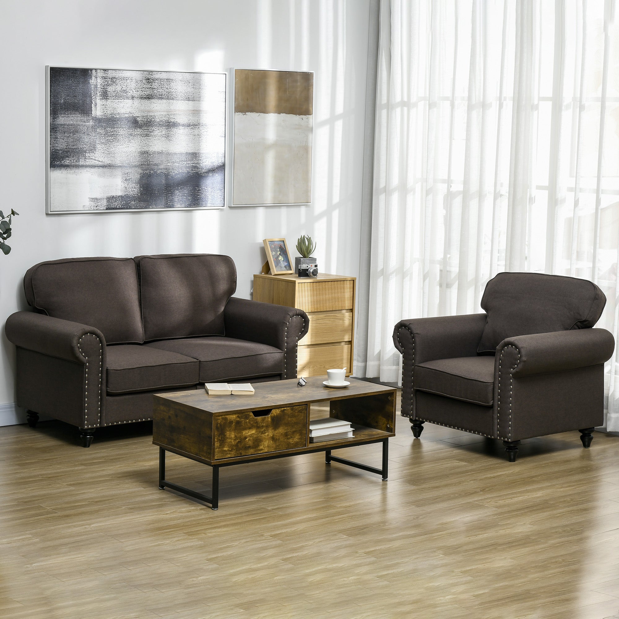 HOMCOM Two-Seater Mid-Century Sofa, with Pocket Springs - Dark Brown - North Peak Garden Furniture