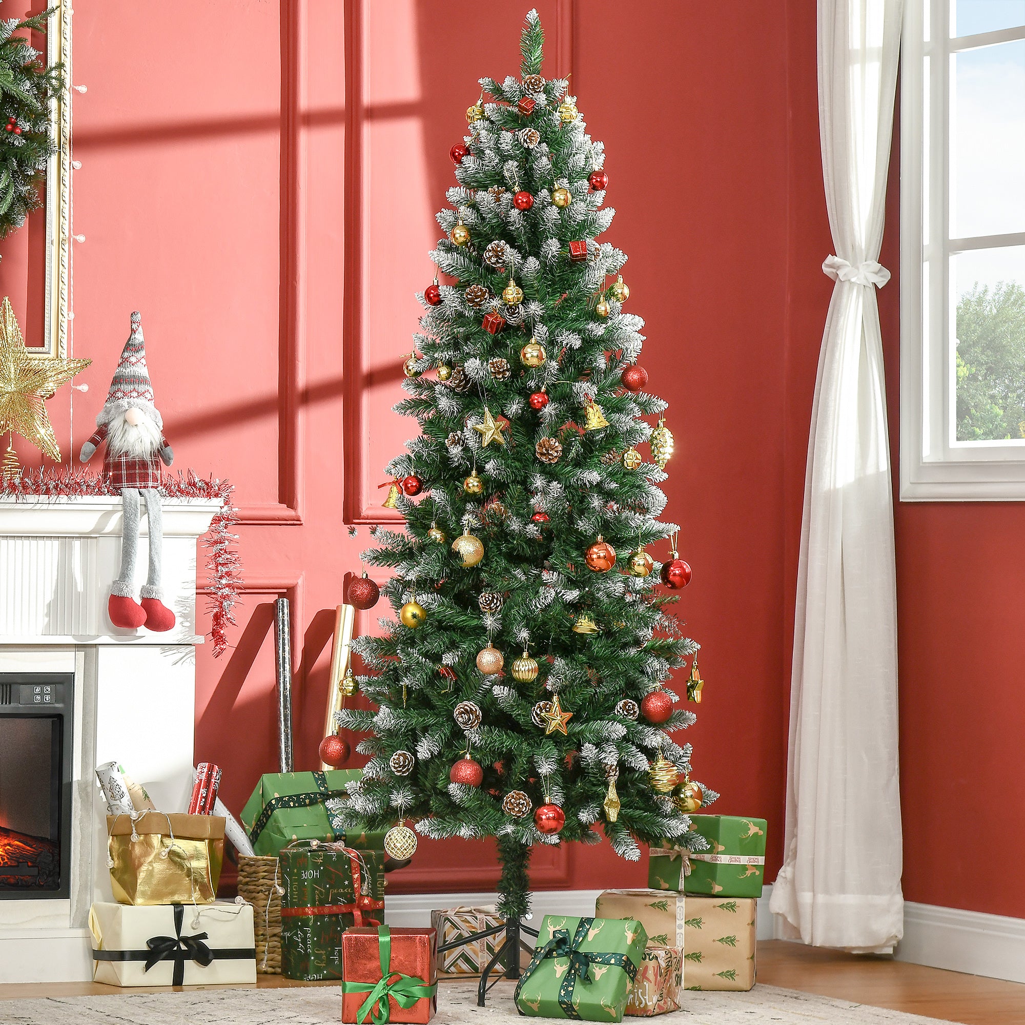 HOMCOM 6 Ft Snow Artificial Christmas Tree with Realistic Branches, Pine Cone, for Indoor Decoration, Green White - North Peak Garden Furniture