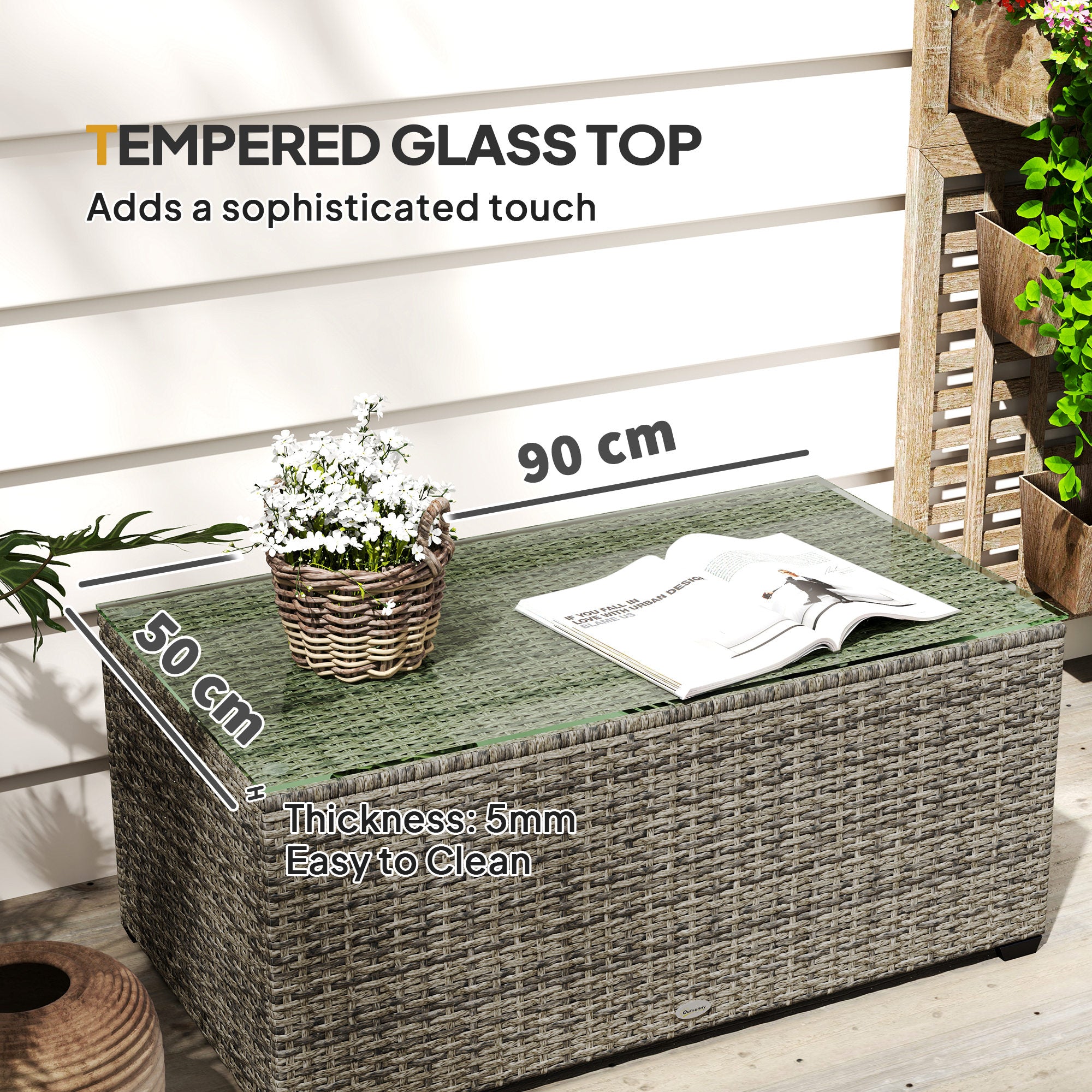 Outsunny 90 x 50cm Glass-Top Rattan Side Table - Dark Grey - North Peak Garden Furniture