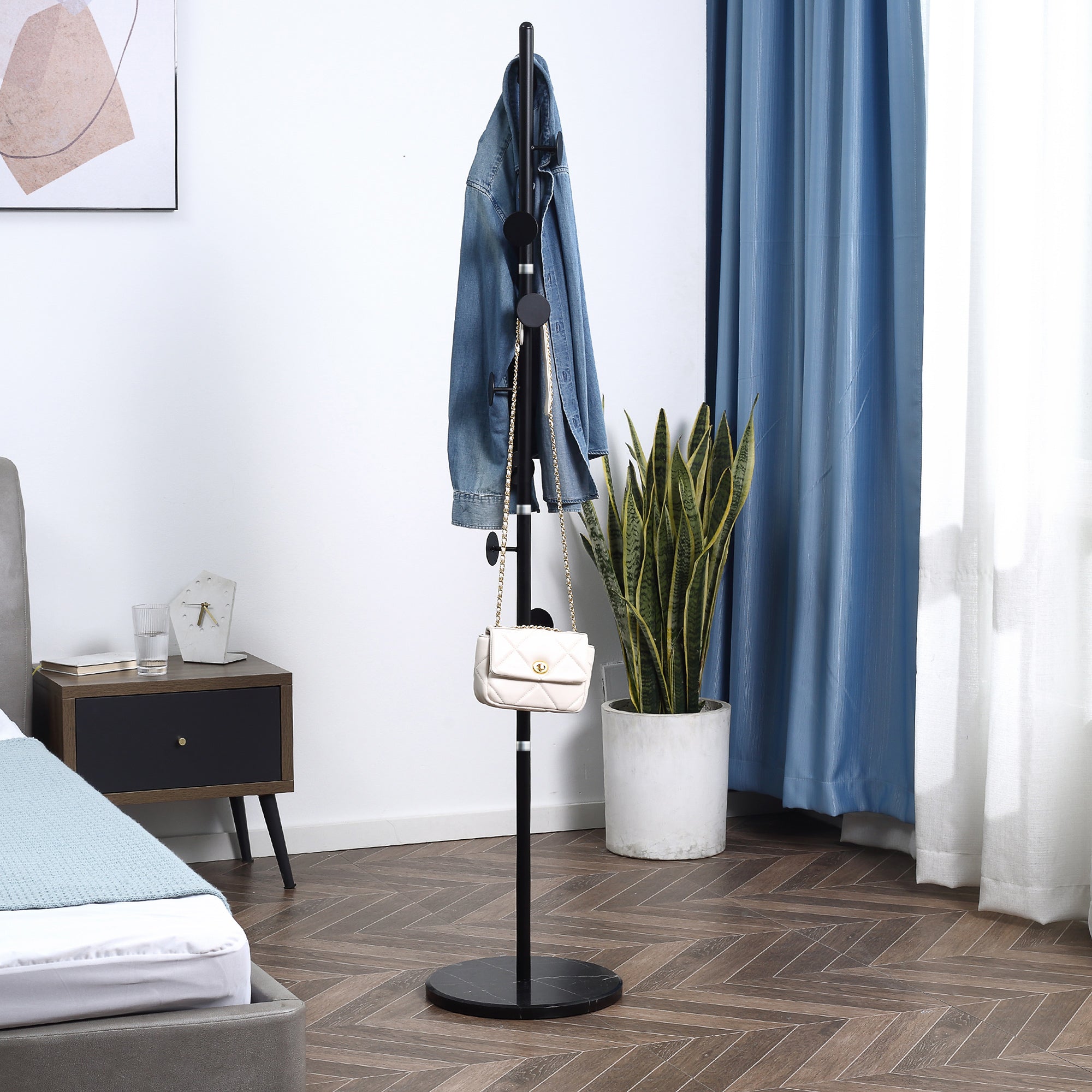 HOMCOM Coat Rack Free Standing Hall Tree with 8 Round Disc Hooks for Clothes, Hats,Purses, Steel Entryway Coat Stand with Marble Base for Entryway, Living Room, Bedroom, Black - North Peak Garden Furniture