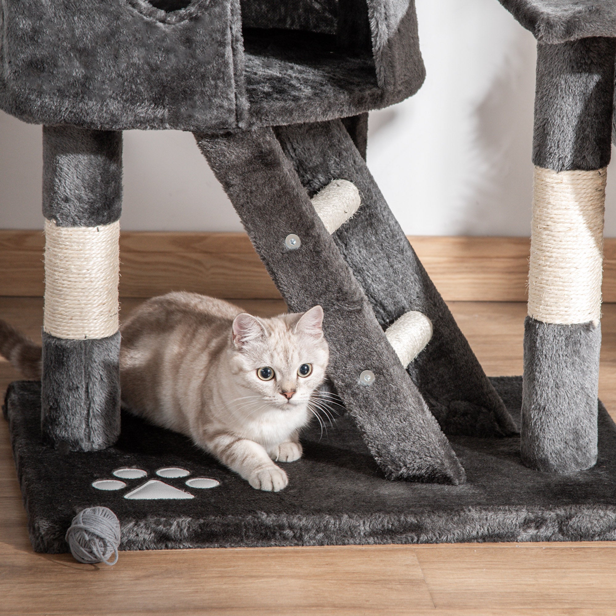 PawHut Floor-to-Ceiling Cat Tree for Indoor Cats, 240-260cm Adjustable Cat Tree - Dark Grey - North Peak Garden Furniture