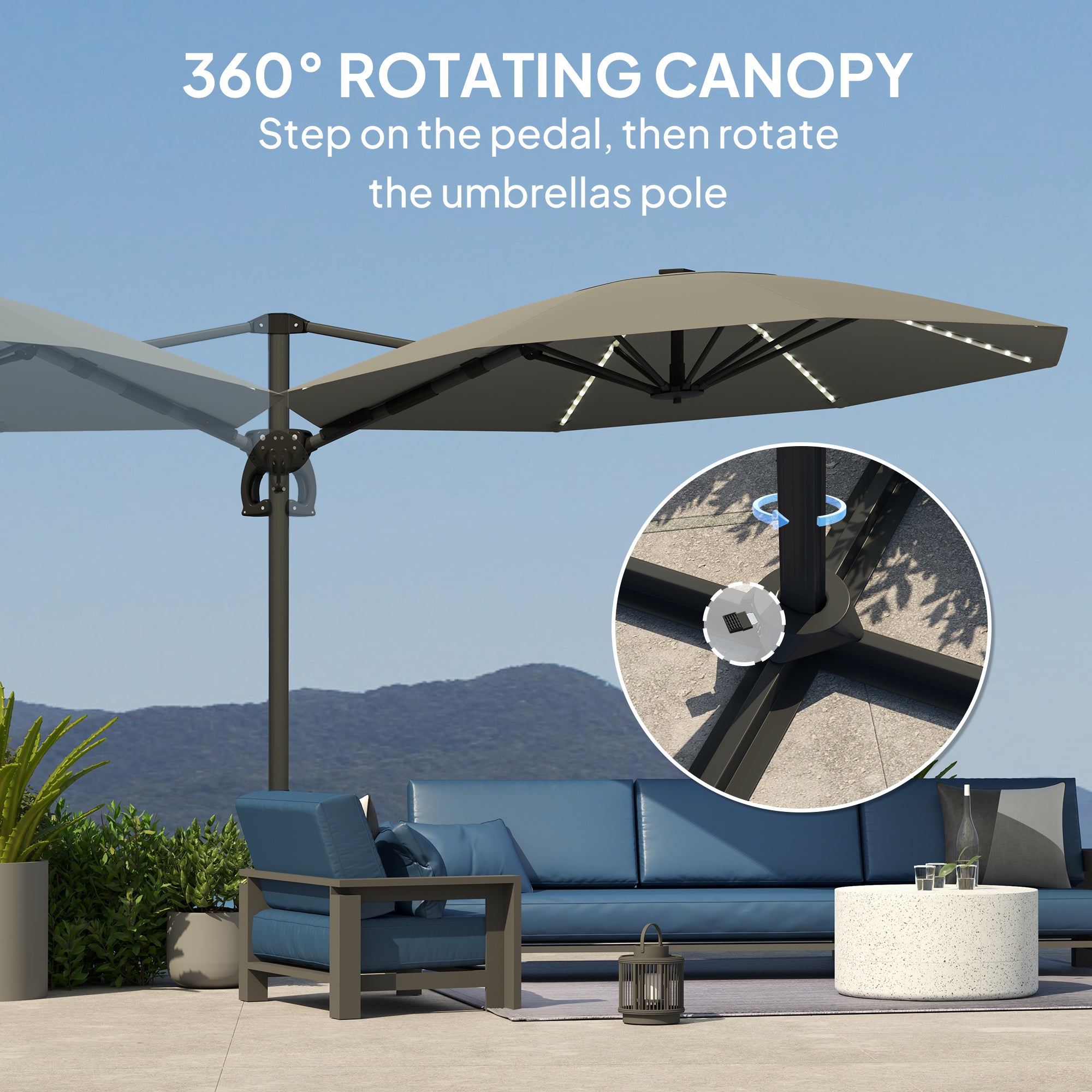 Outsunny 3(m) Cantilever Garden Parasol with Solar Powered Lights, Crank Handle & Cross Base, UPF 50+, 360° Rotation, Dark Grey - North Peak Garden Furniture