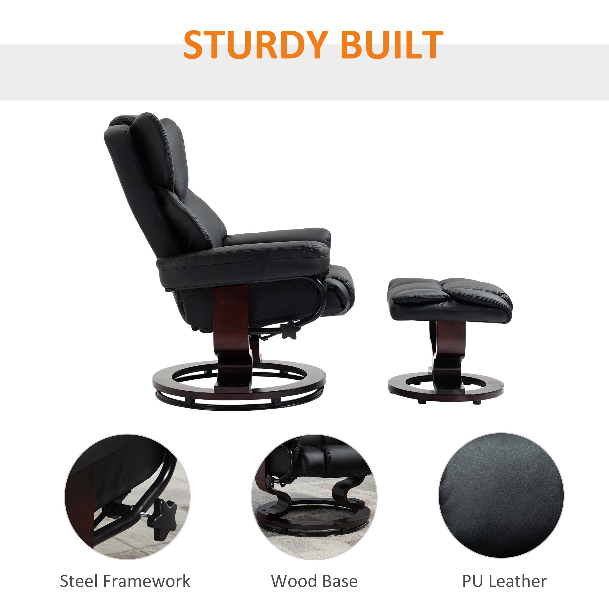 HOMCOM Faux Leather Recliner Chair and Footstool, Swivel Upholstered Armchair and Footstool with Adjustable Backrest, Solid Wood Base for Living Room, Black - North Peak Garden Furniture
