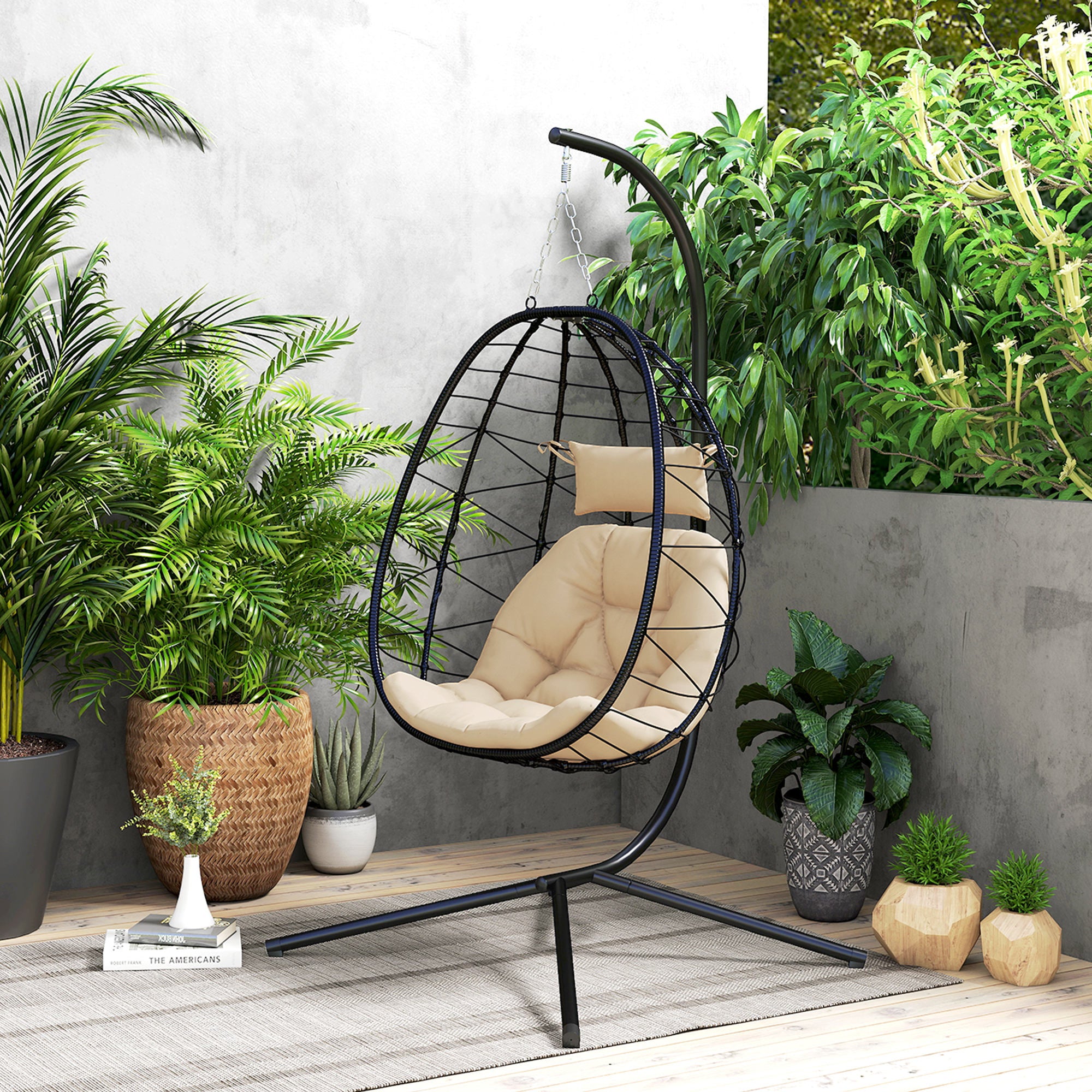 Outsunny Hanging Egg Chair Outdoor Indoor Garden Swing Chair with Folding Basket, Thickened Cushion, Garden Hanging Chair with Stand, Headrest for Patio, Balcony, Khaki - North Peak Garden Furniture