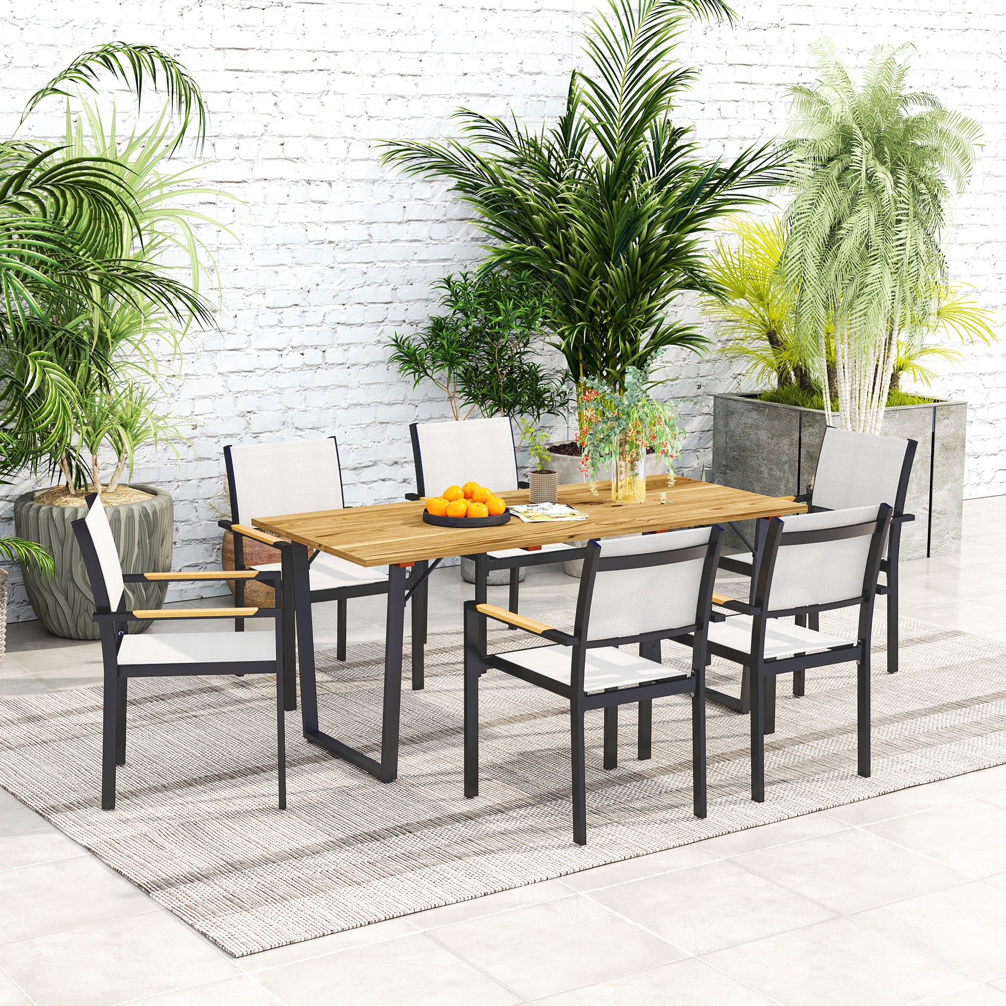 Outsunny Garden Table for 6, 175 x 80 cm Large Rectangle Outdoor Dining Table with 5cm Parasol Hole and Slatted Top, Weather Resistant Fir Wood Patio Table for Balcony, Terrace, Brown - North Peak Garden Furniture