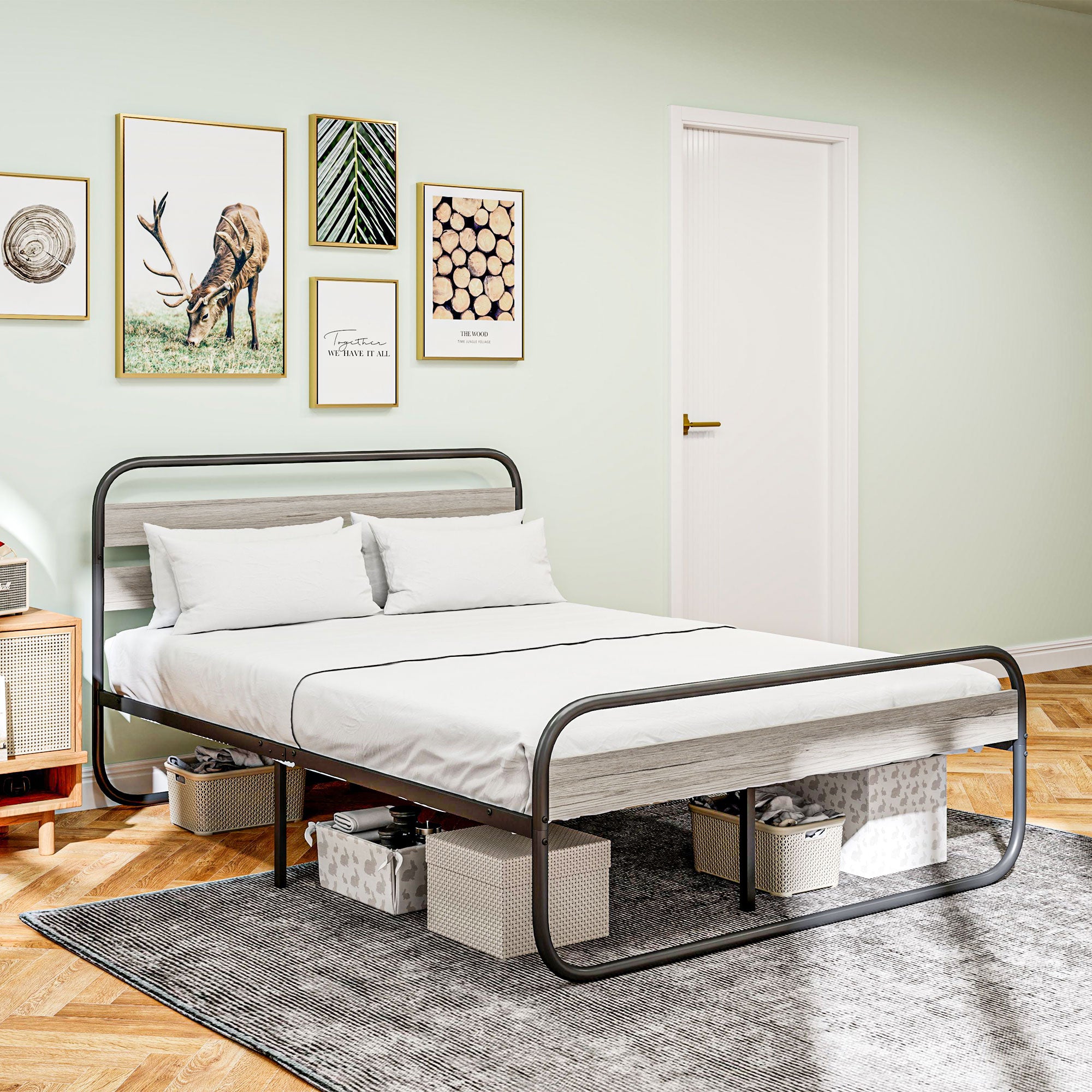 HOMCOM 4ft6 Double Bed Frame, Industrial Style Metal Platform Bed Frame with Under Bed Storage, No Box Spring Needed, Easy Assembly, Grey - North Peak Garden Furniture