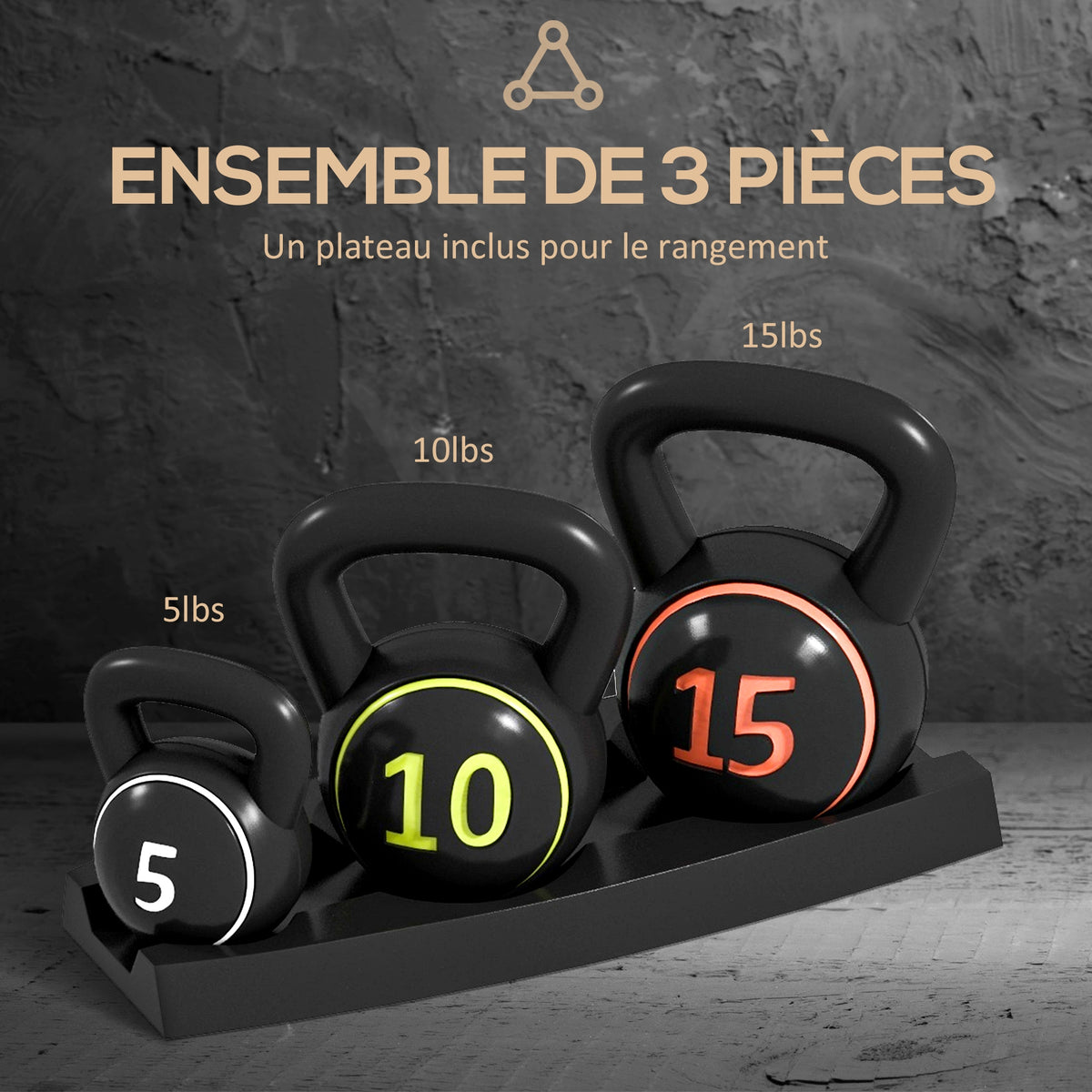 SPORTNOW Three-Piece Kettlebell Set, 5lbs, 10lbs, 15lbs with Storage Tray