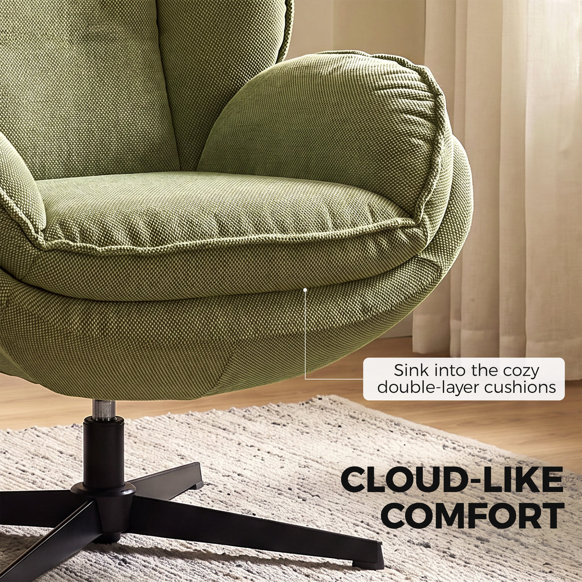 HOMCOM Armchair with Adjustable Footstool, 360-Degree Swivel Chenille Cloud Accent Chair with Thick Cushion, Steel Base, Green