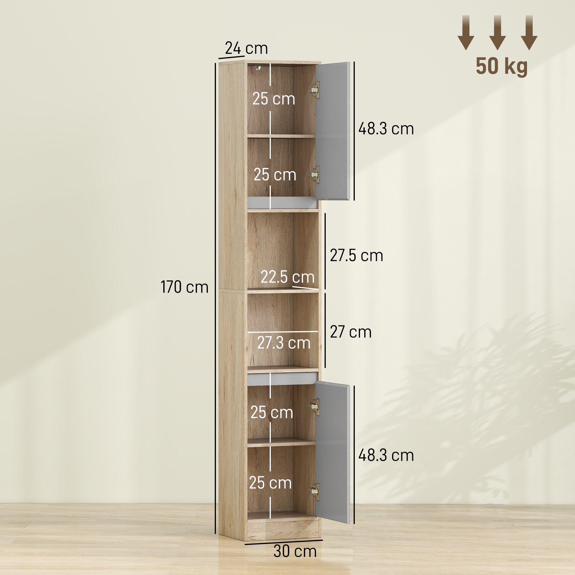 HOMCOM Freestanding Bathroom Storage Cabinet w/ 2 Cupboards 2 Compartments Home Organisation Anti-Tipping Elevated Base 30L x 24W x 170H cm Grey&Brown