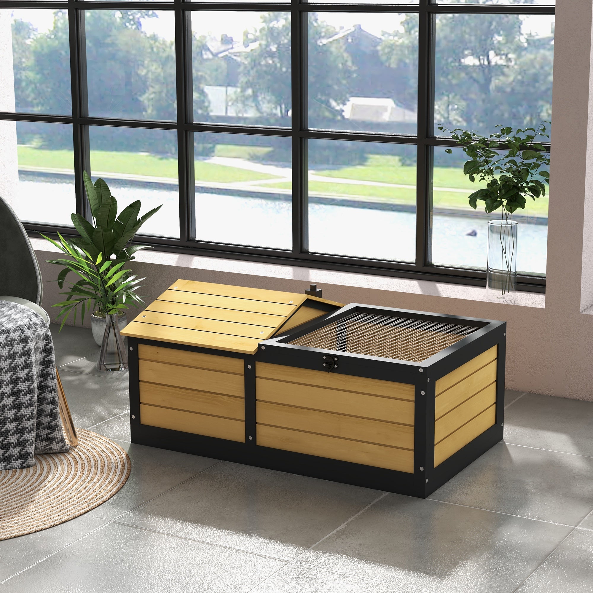 PawHut Wooden Tortoise House, Small Pet Reptile Shelter, with Hide Den and Run - Yellow - North Peak Garden Furniture