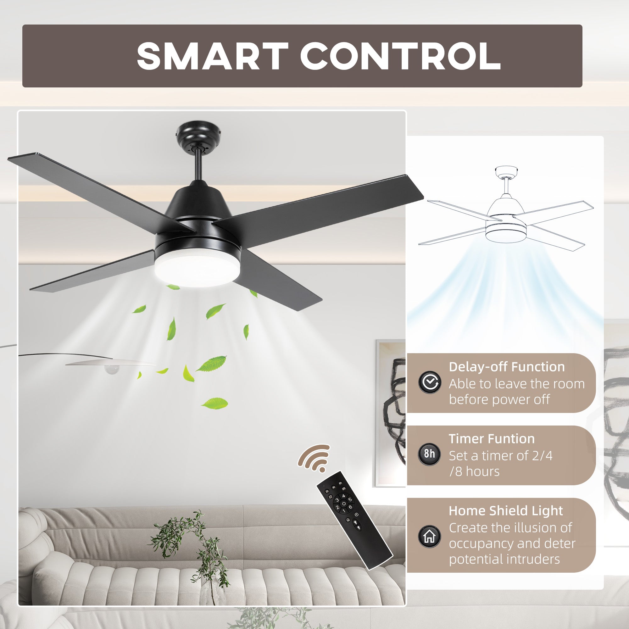 HOMCOM Ceiling Fan with LED Light, Flush Mount Ceiling Fan Lights with Reversible Blades, Remote, Black and Walnut Brown