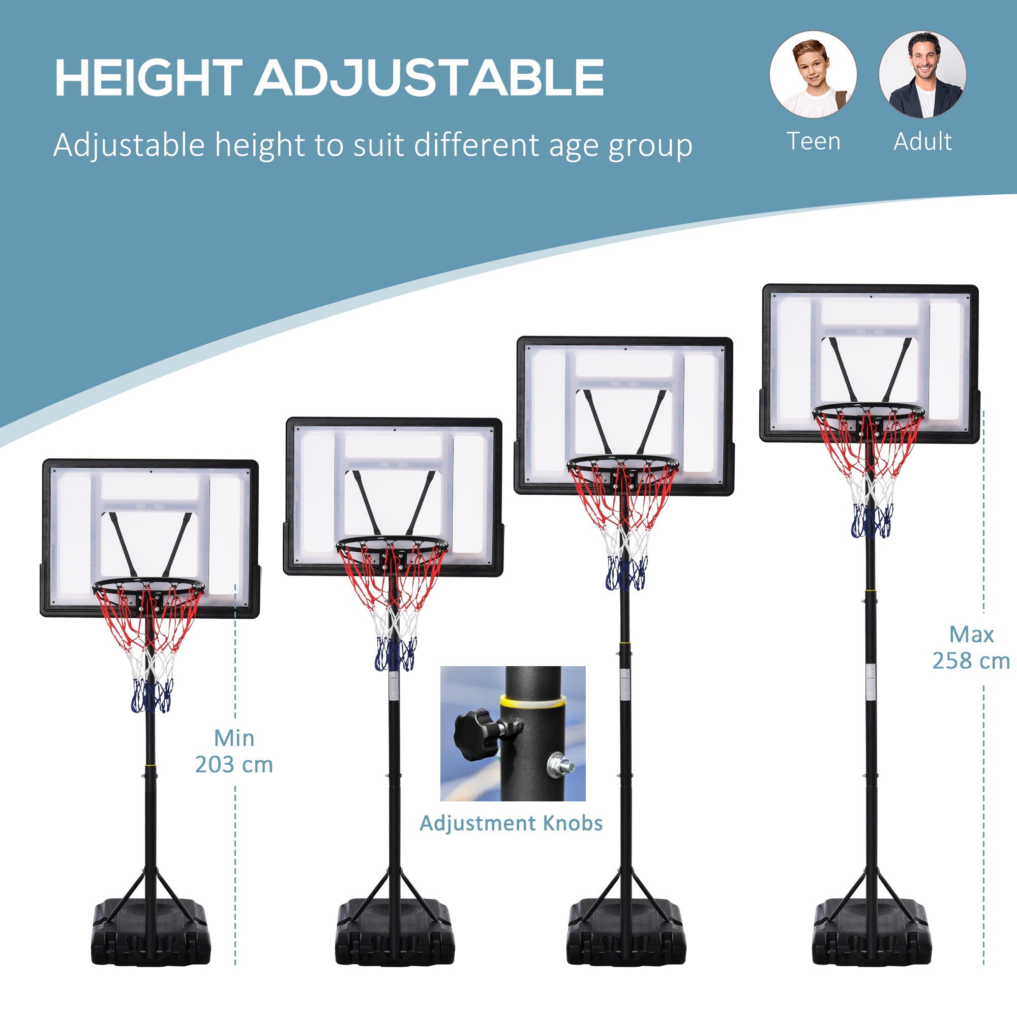 HOMCOM 1.55-2.1m Basketball Hoop and Stand w/ Fillable Base, Wheels