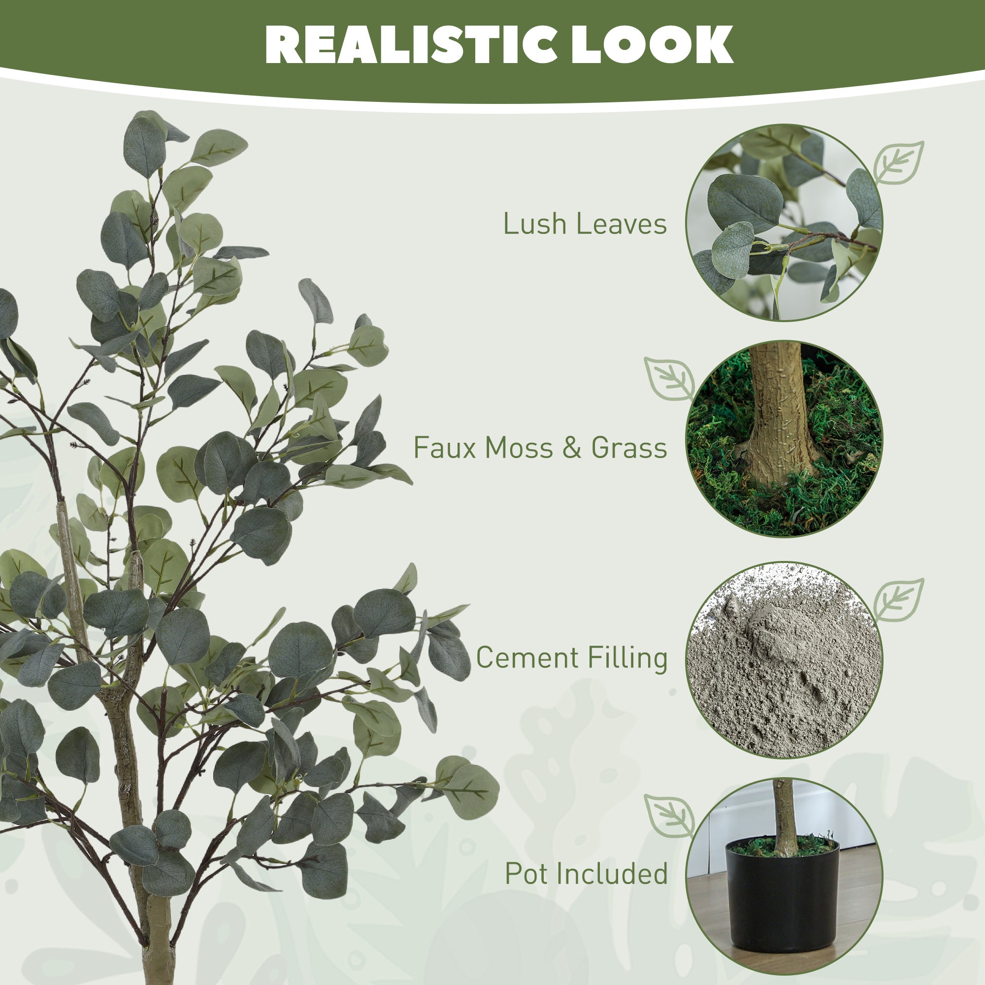 HOMCOM Set of 2 Decorative Artificial Plants, 4ft/ 120cm Silk Eucalyptus Trees with 230 Silver Dollar Leaves in Pot, Fake Plants for Home, Office, Living Room, Indoor Decor - North Peak Garden Furniture