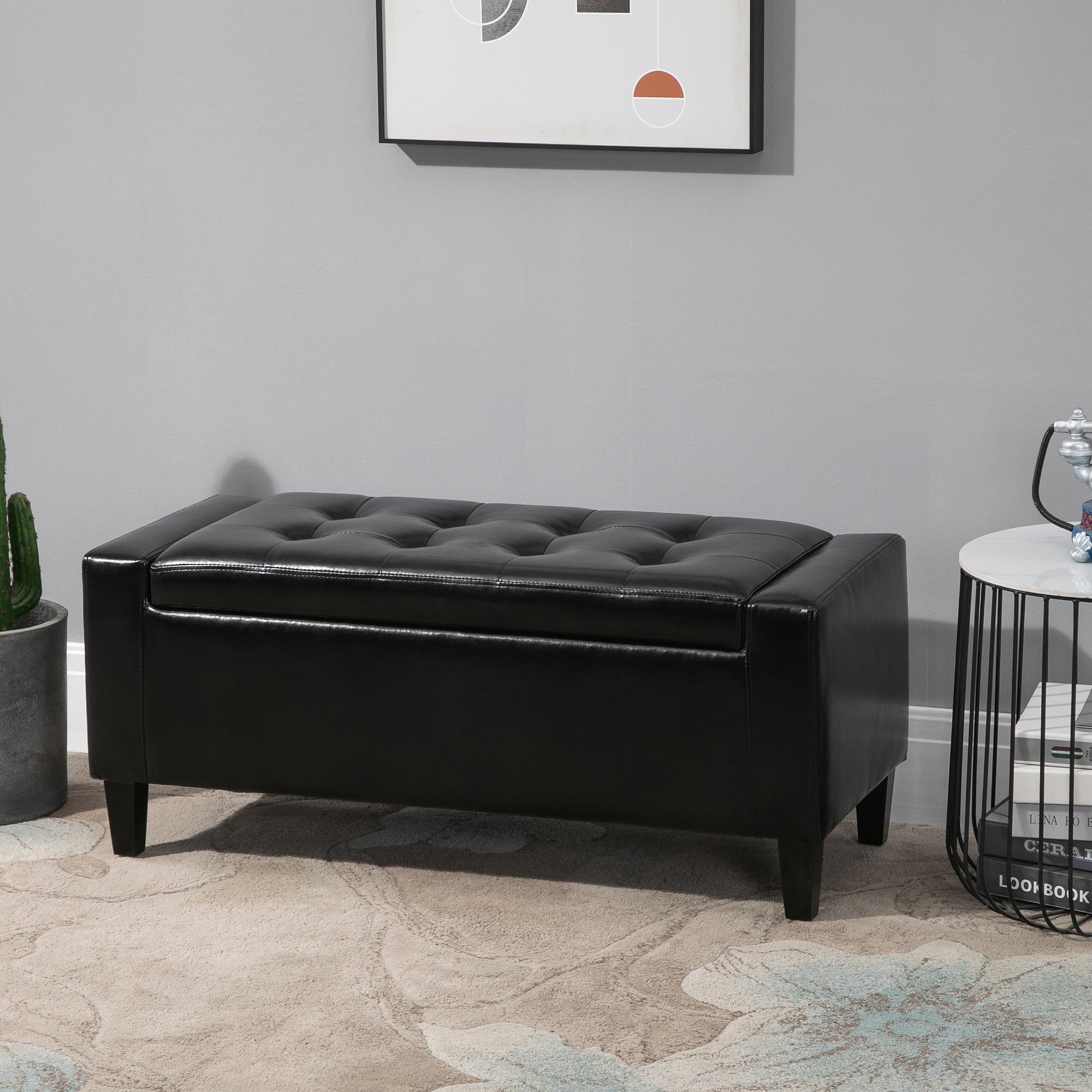HOMCOM PU Leather Storage Ottoman Bench Storage Chest Tufted Ottoman Cube w/ Flipping Top 92L x 40W x 40H cm Black - North Peak Garden Furniture