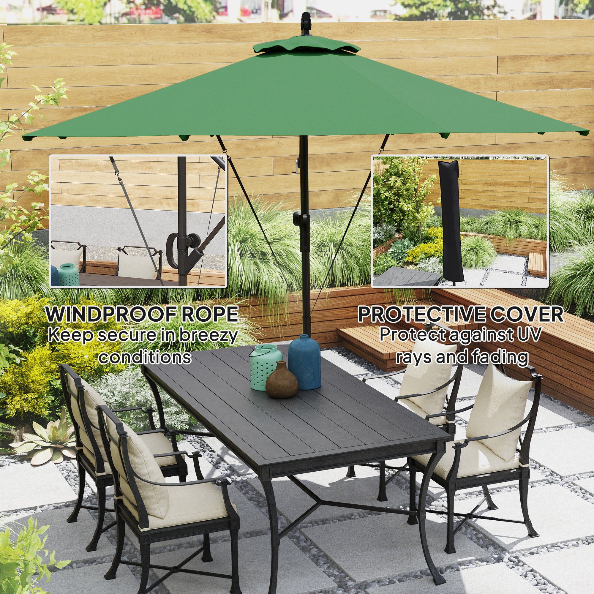 Outsunny 3(m) Garden Cantilever Parasol with Cover and Wind Protection Strap, Round Overhanging Umbrella with Crank Handle and Tilt, Banana Patio Umbrella for Outdoor Sun Shade, UPF50+, Green - North Peak Garden Furniture