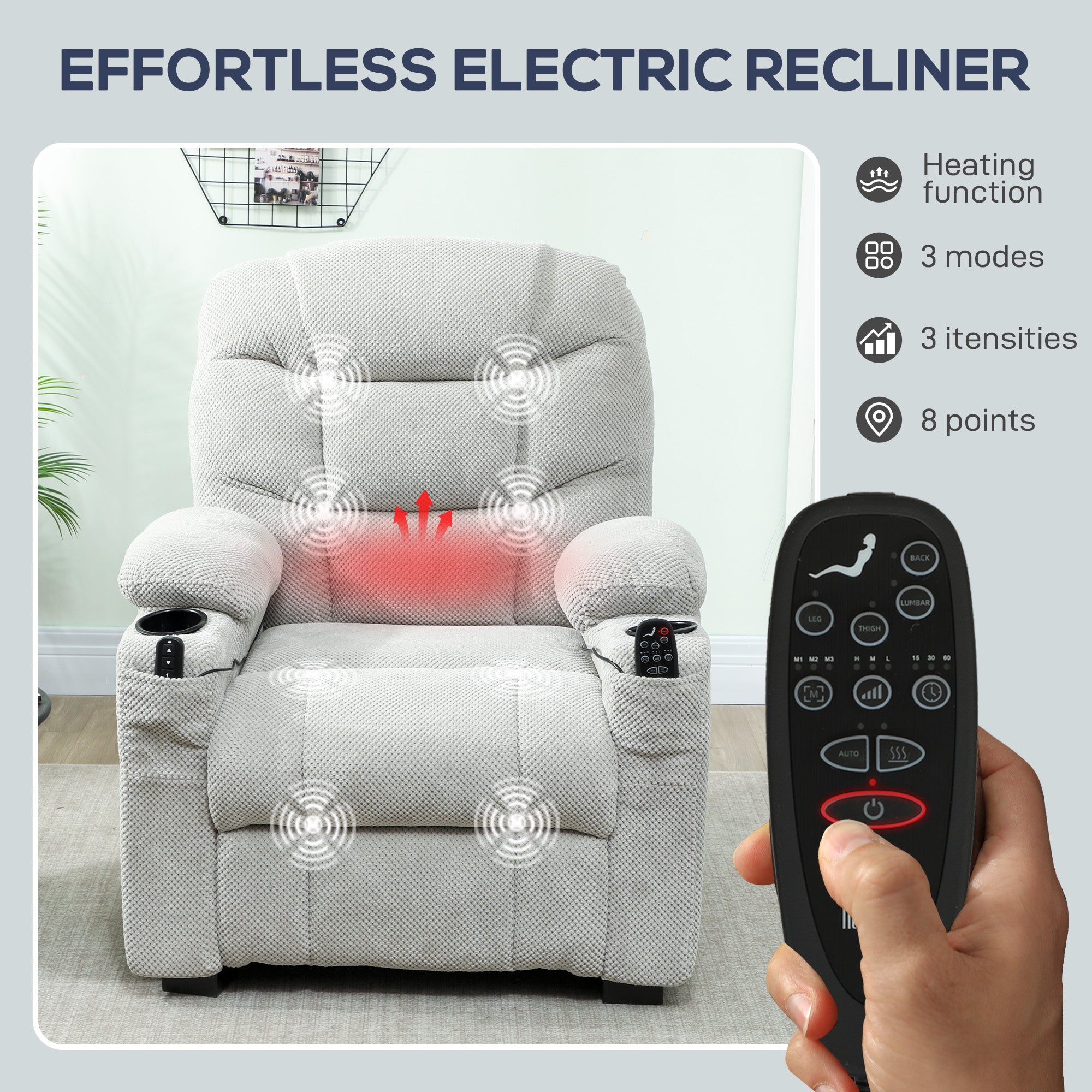 HOMCOM Electric Massage Recliner Armchair with Vibration, Heat, Whisper-Quiet Motor, Memory Function, Fleece Power Reclining Chair with Spring Pack, USB Port, Footrest, Side Pocket, Cup Holders, Grey