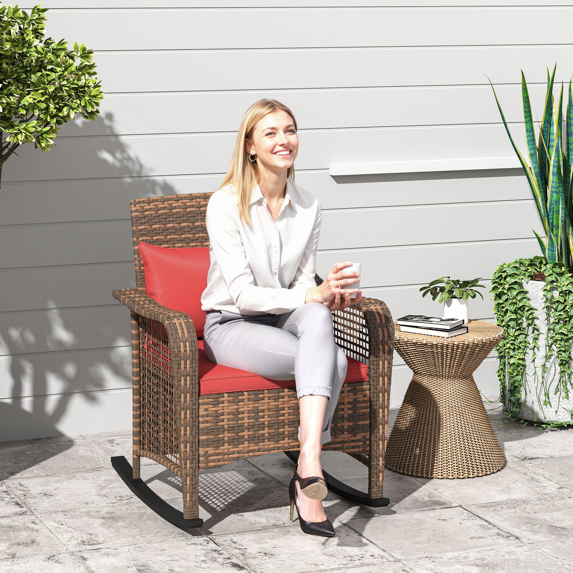 Outsunny Garden Rocking Chair, Outdoor Rattan Rocker Lounge Chair with Seat and Back Cushions, Patio Armchair Seat with All-weather Wicker, Steel Frame for Porch Balcony, Red - North Peak Garden Furniture