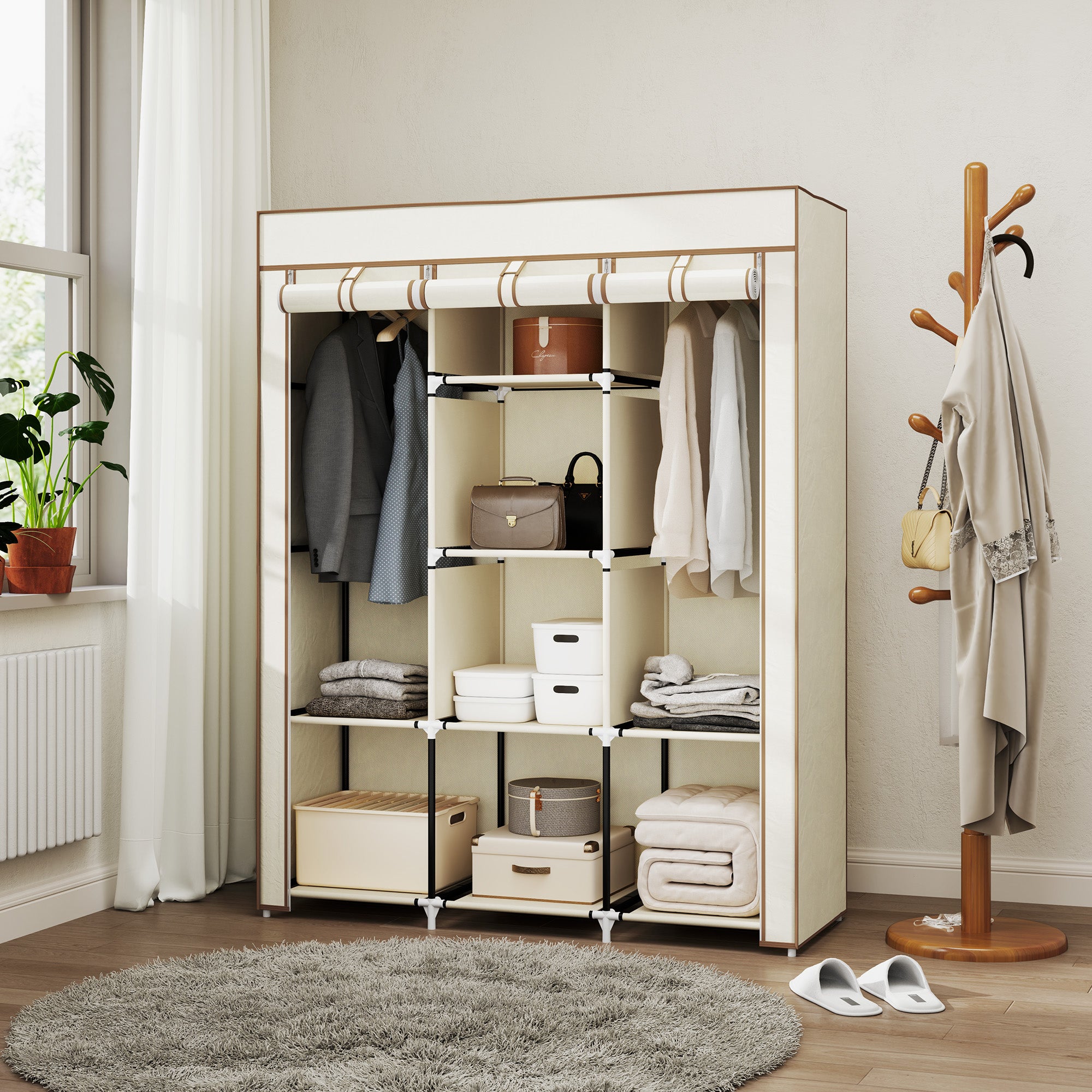 HOMCOM Fabric Wardrobe, Portable Wardrobe, Clothes Storage Unit with 8 Shelves, 2 Hanging Rods, 125 x 43 x 162.5 cm, Cream White - North Peak Garden Furniture