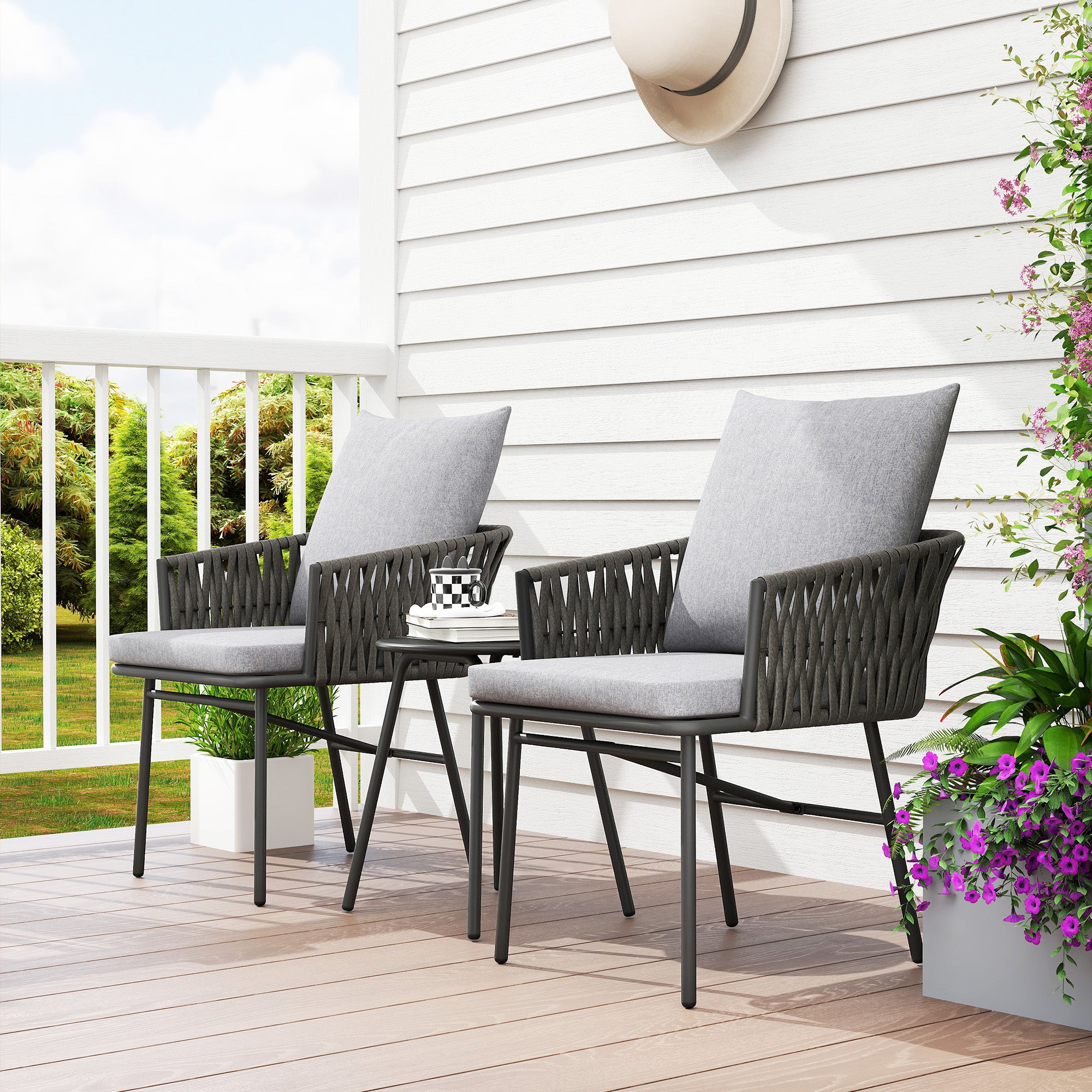 Outsunny 3-Piece Rattan Bistro Set, Garden Table and Chairs with 4 Cushions, Patio Rattan Conversation Furniture Set for Balcony, Porch, Terrace, Grey - North Peak Garden Furniture