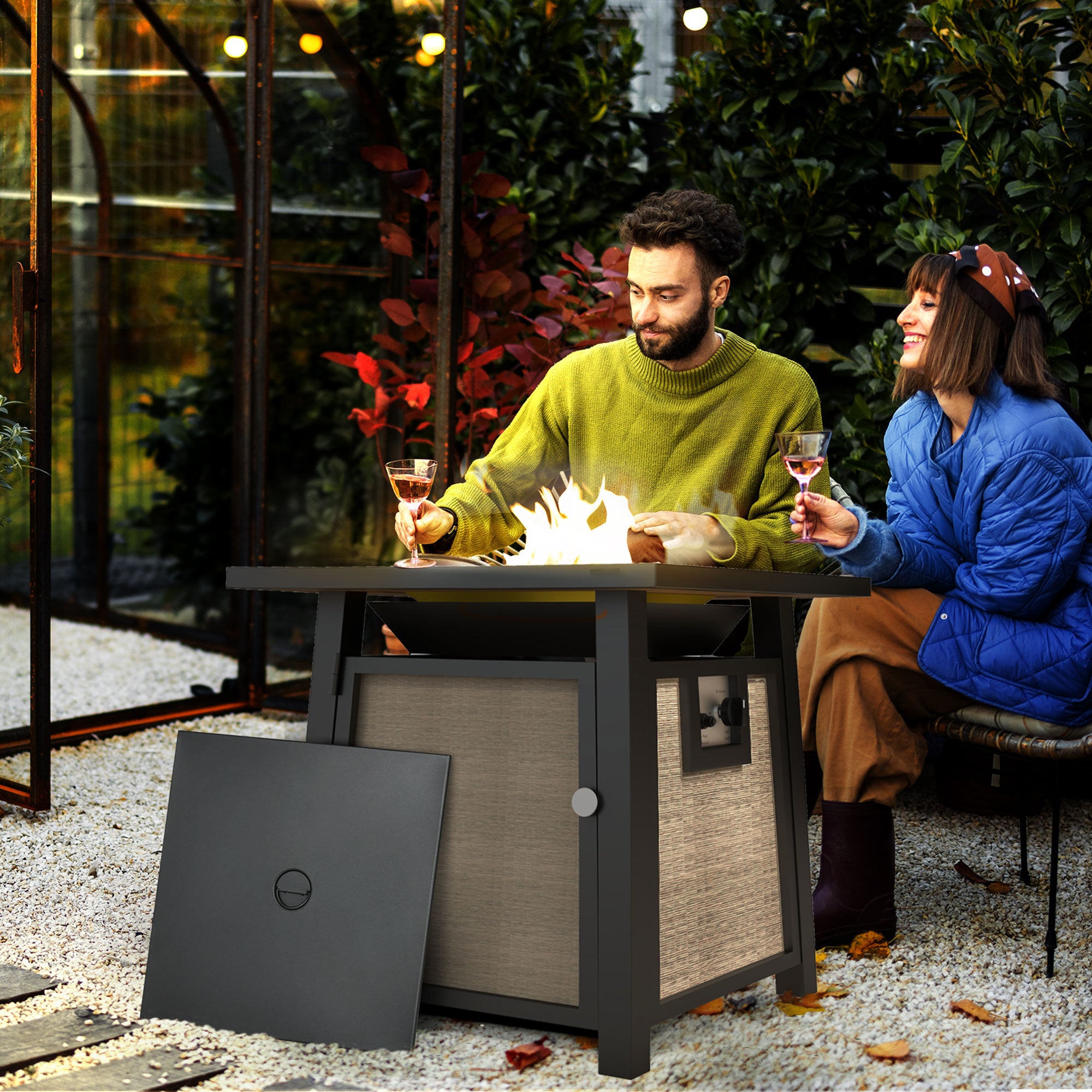 Outsunny 50,000 BTU Gas Fire Pit Table with Cover and Glass Beads, Brown - North Peak Garden Furniture