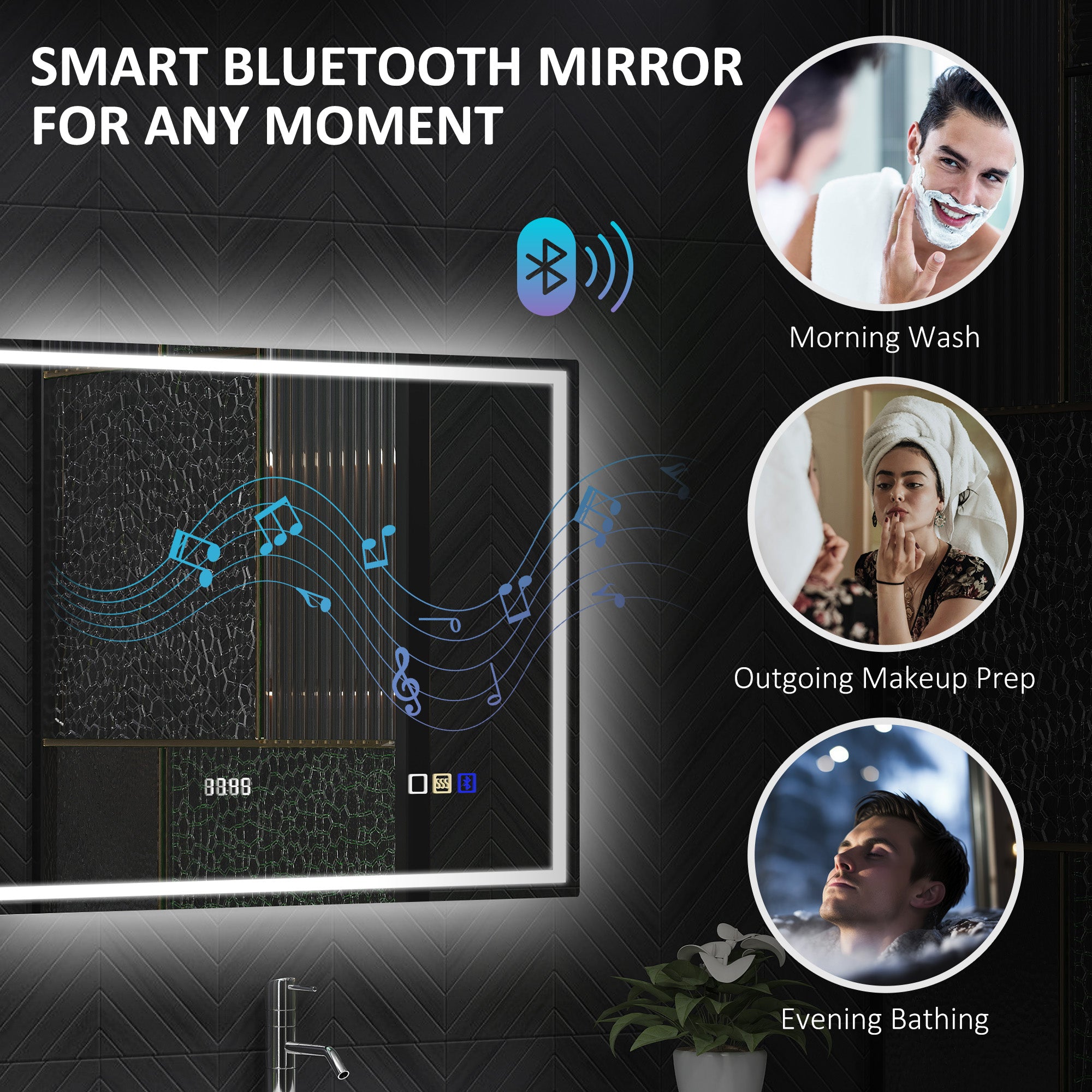 HOMCOM 60 x 80 cm Anti-Fog LED Bathroom Mirror, with Bluetooth and Clock - Silver Tone - North Peak Garden Furniture