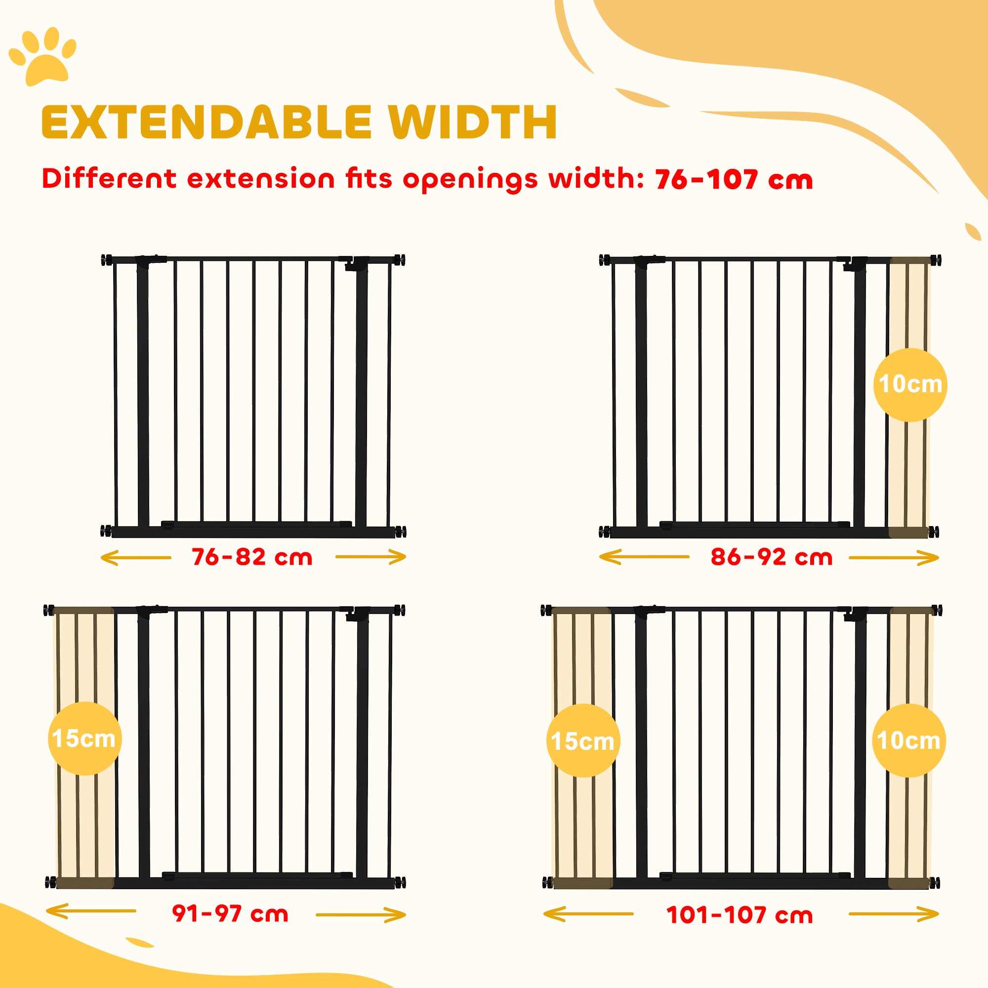 PawHut Dog Gate Pet Safety Gate Stair Barrier Pressure Fit Adjustable 76-82/86-97/101-107 cm, Black - North Peak Garden Furniture