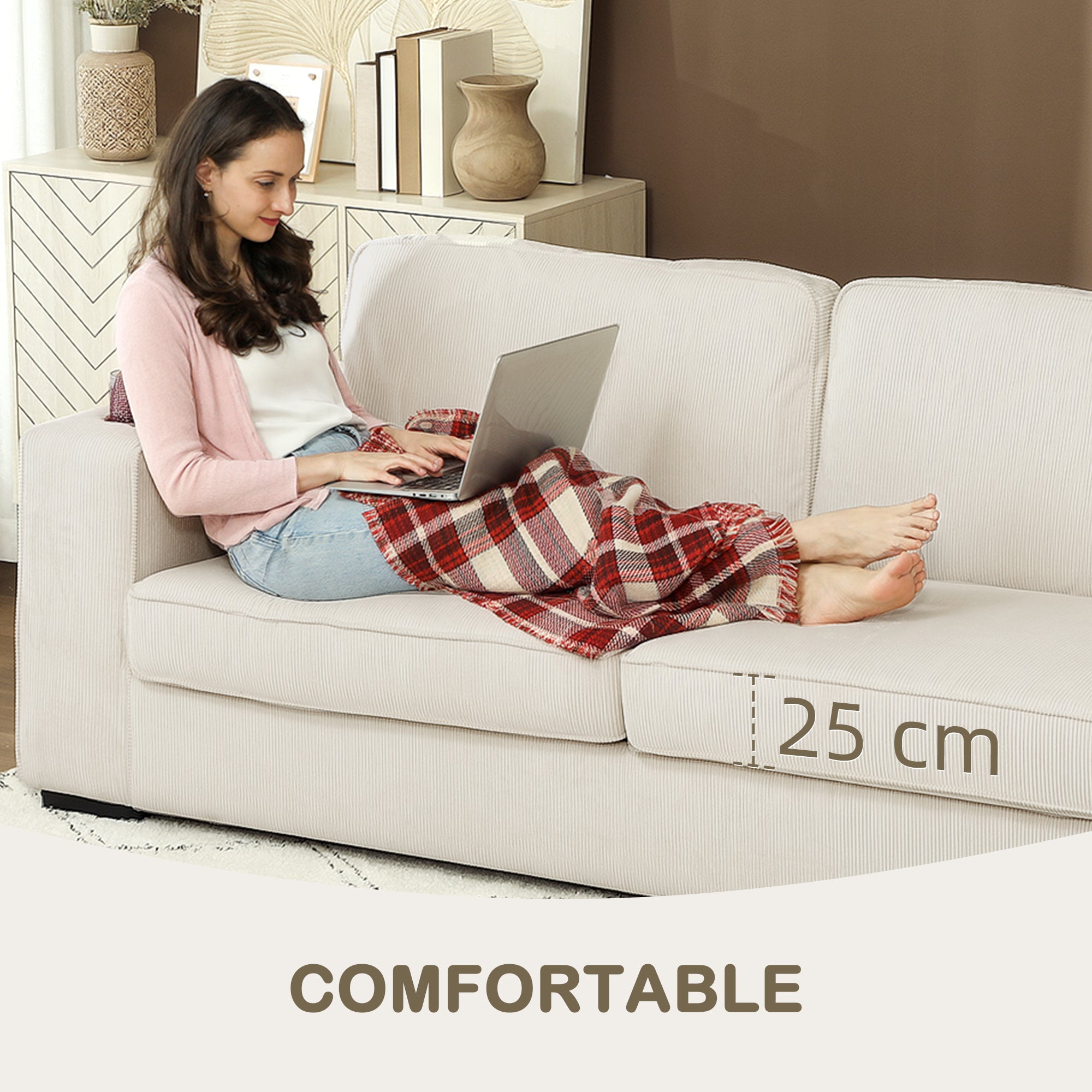 HOMCOM Three-Seater Corduroy Sofa - Cream White - North Peak Garden Furniture