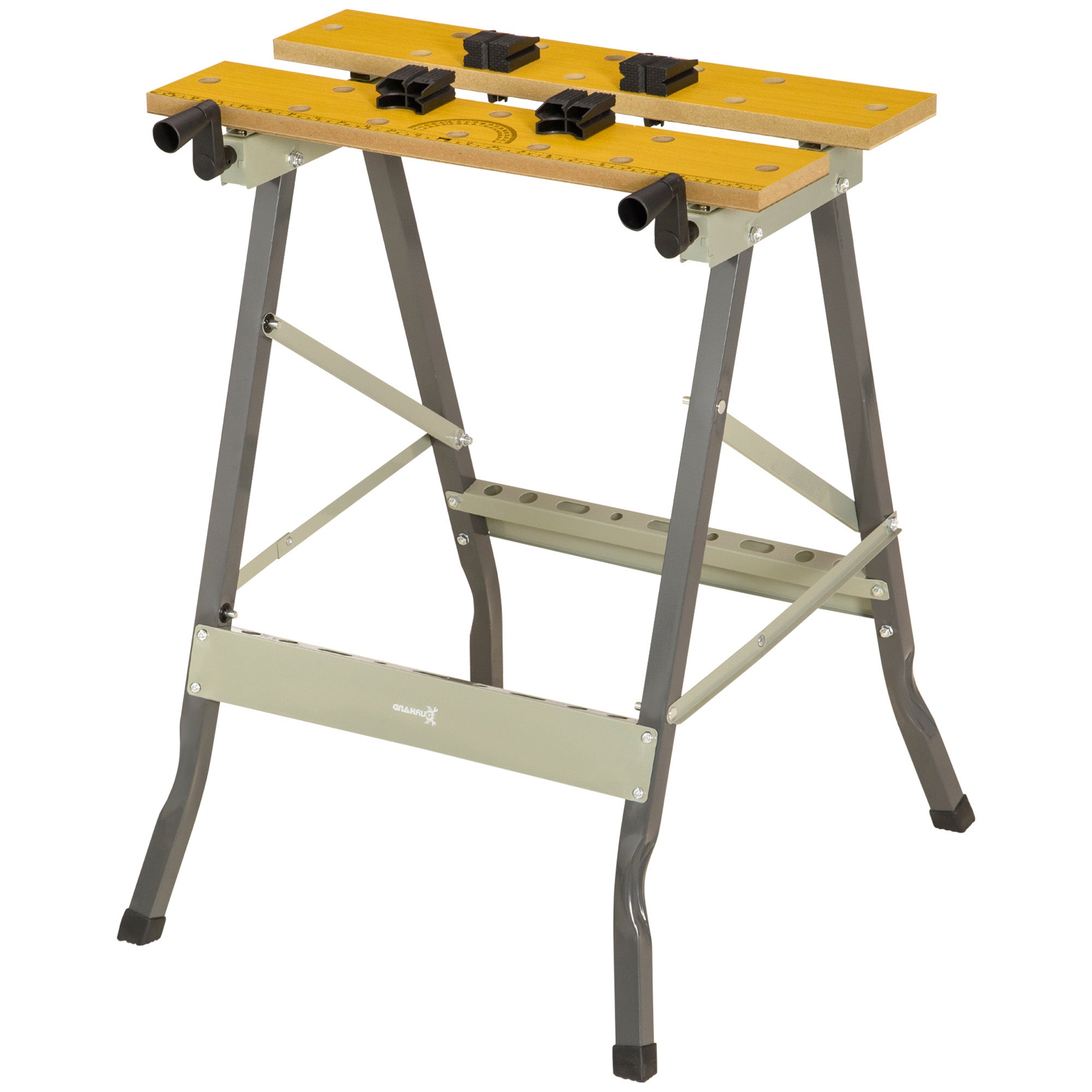 DURHAND 4-in-1 Work Bench, Saw Horse Folding Clamp Table w/ 4 Adjustable Clamping Pegs for DIY Home Garage, Grey - North Peak Garden Furniture