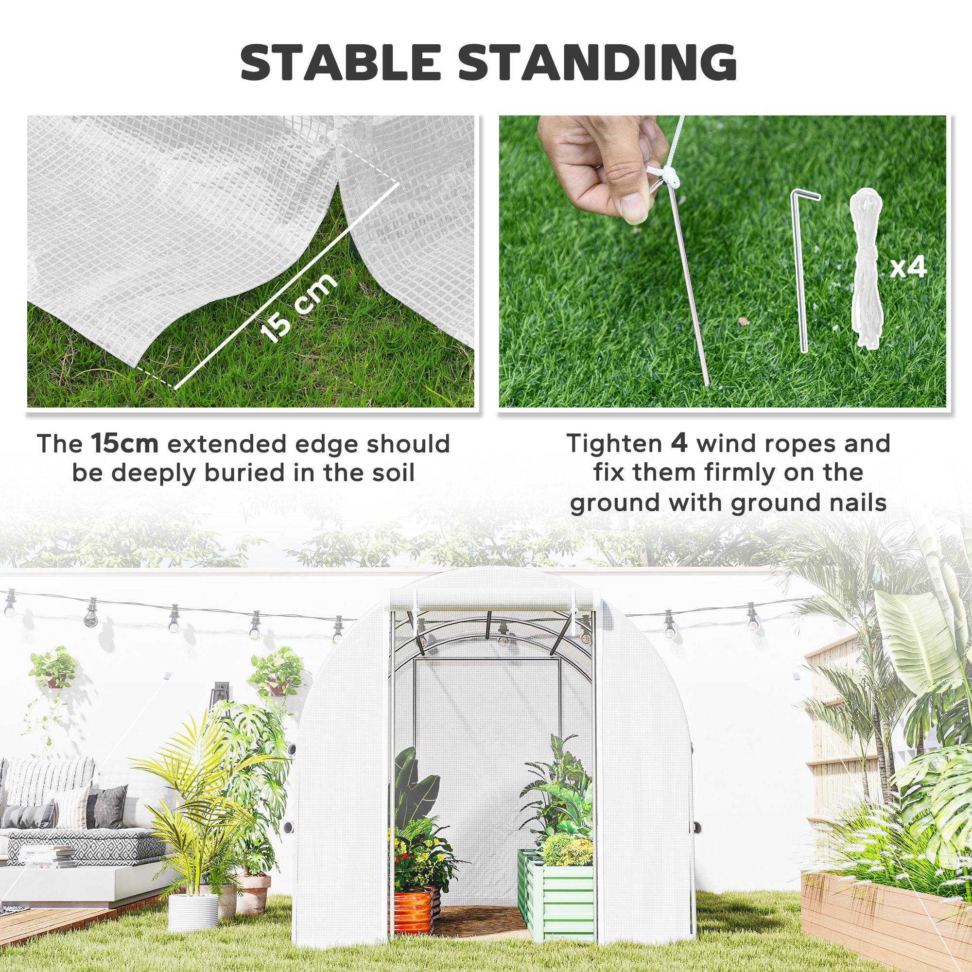 Outsunny Walk-in Polytunnel Greenhouse Green House with Roll-up Sidewalls, UV-resistant PE Cover, 3 x 2 x 2m, White - North Peak Garden Furniture