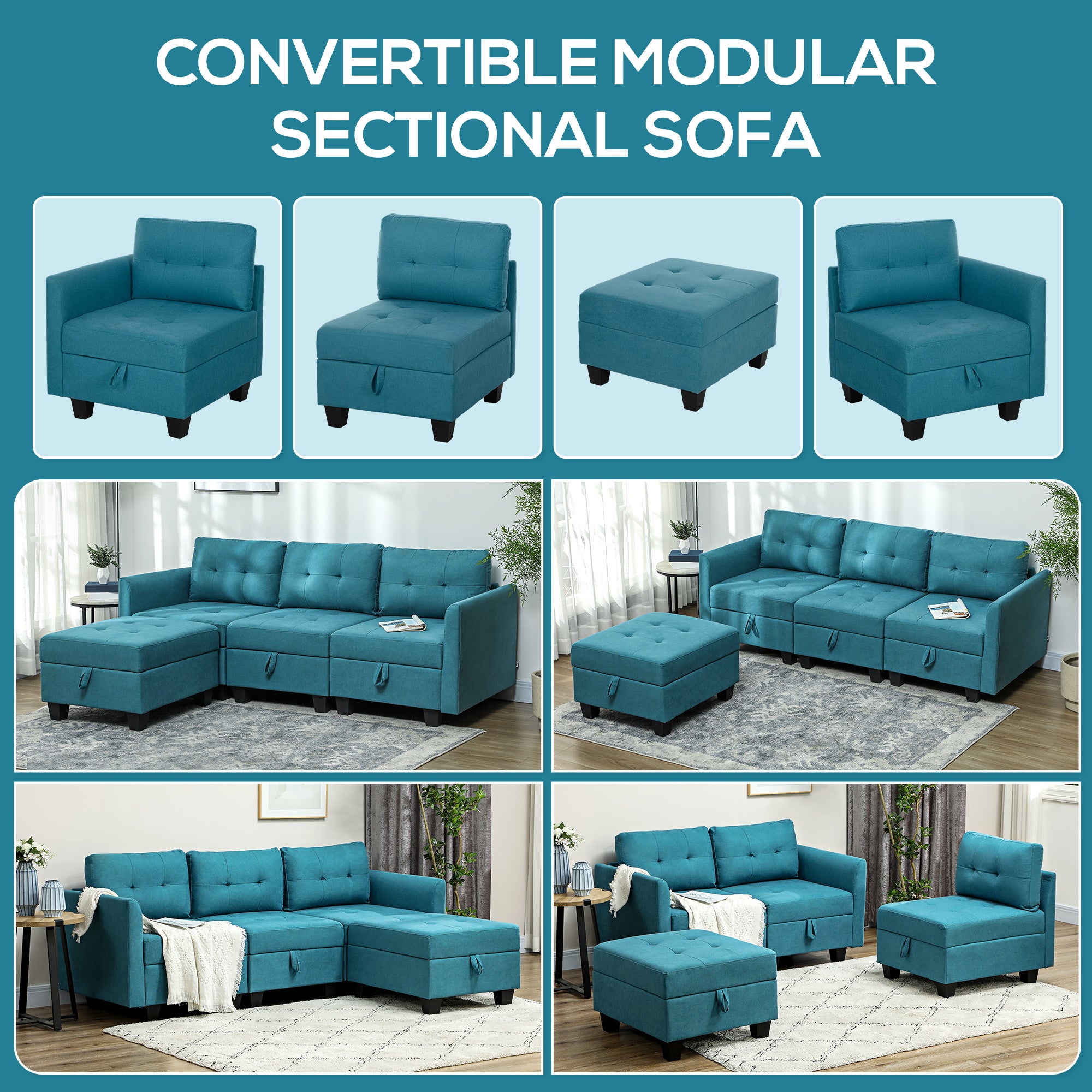 HOMCOM 'L' Shape Modular Sofa, with Storage - Light Blue