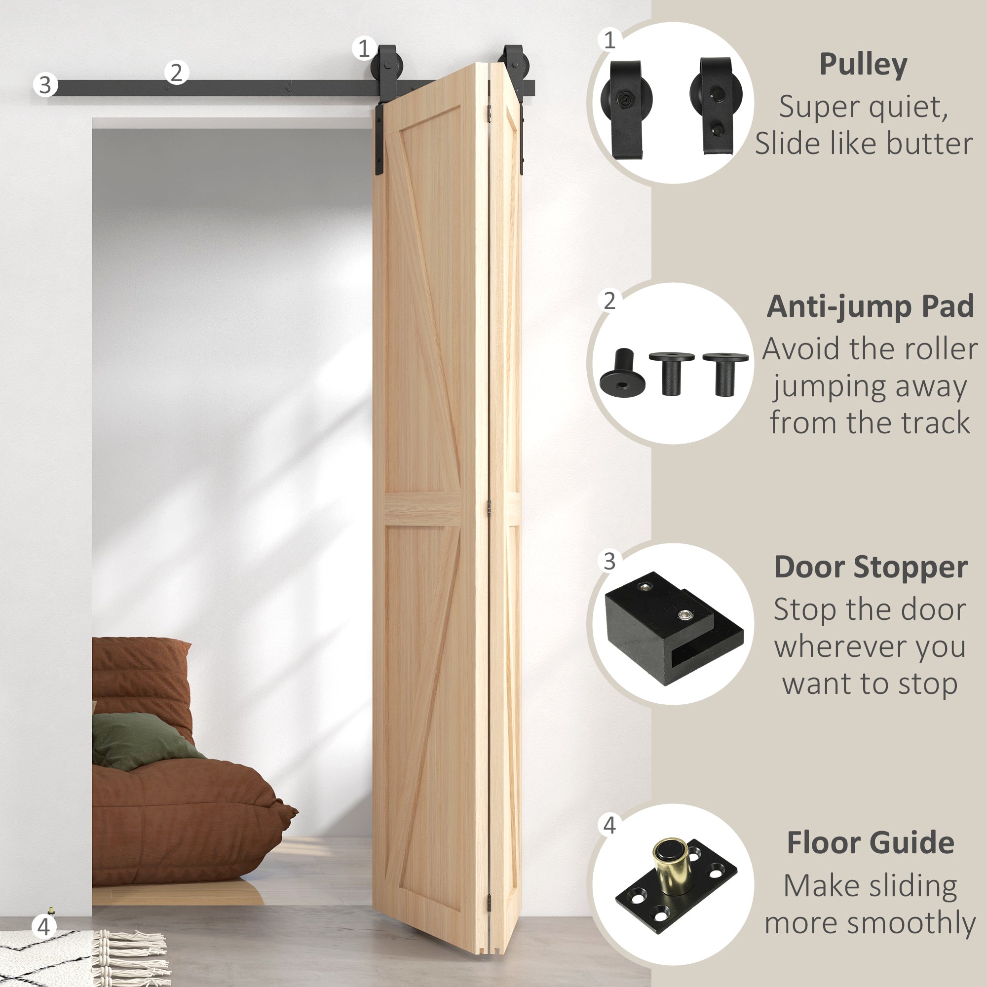 HOMCOM 4FT/122CM Bi-Folding Sliding Barn Door Hardware Track Kit, Heavy Duty Sliding Door Kit for 2 Doors with J Shape Hanger