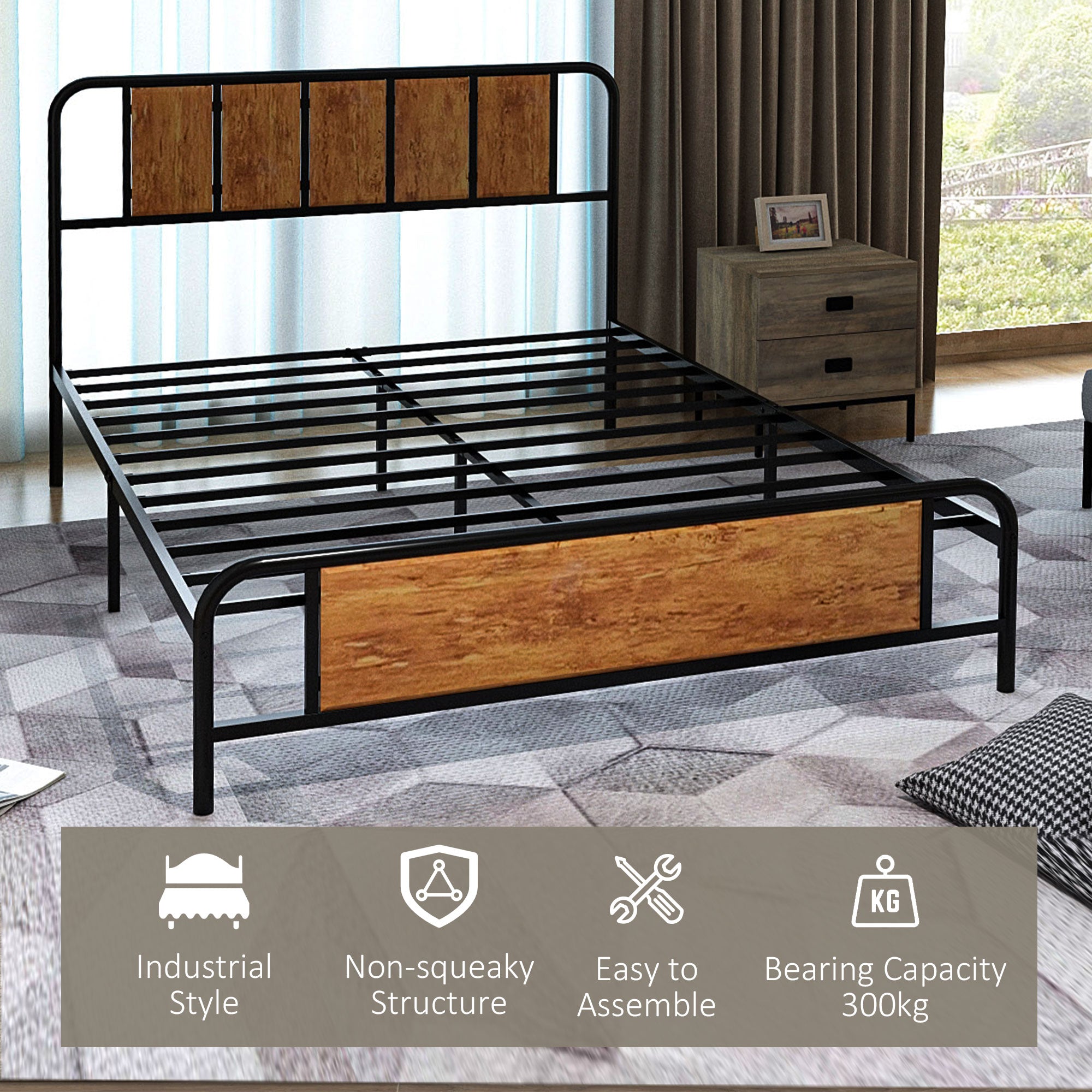 HOMCOM 4.8ft Double Bed Frame with Industrial Wood Headboard, Steel Slat Support and 25.5cm Underbed Storage Space, 145 x 199cm, Rustic Brown - North Peak Garden Furniture