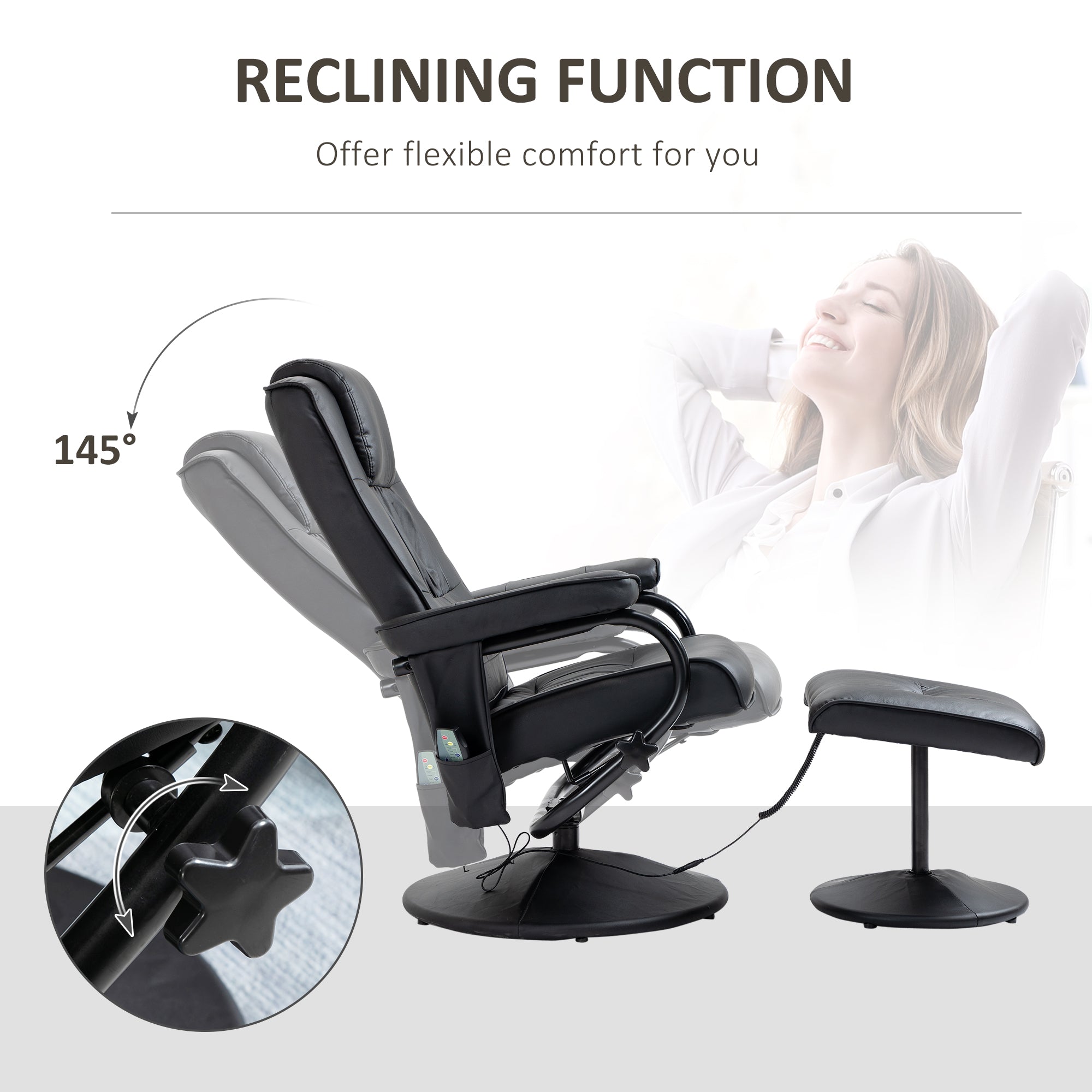 HOMCOM Swivel Recliner Chair and Footstool, Faux Leather Massage Recliner Armchair with Remote Control and Round Wrapped Base, Black