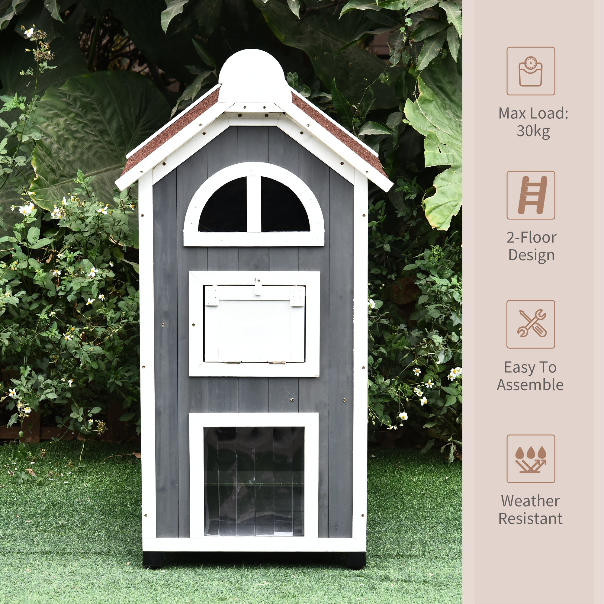 PawHut Wooden Cat House, Weatherproof Pet Shelter, Outdoor Cat Condos Cave, 2 Floor Furniture, Grey and White - North Peak Garden Furniture
