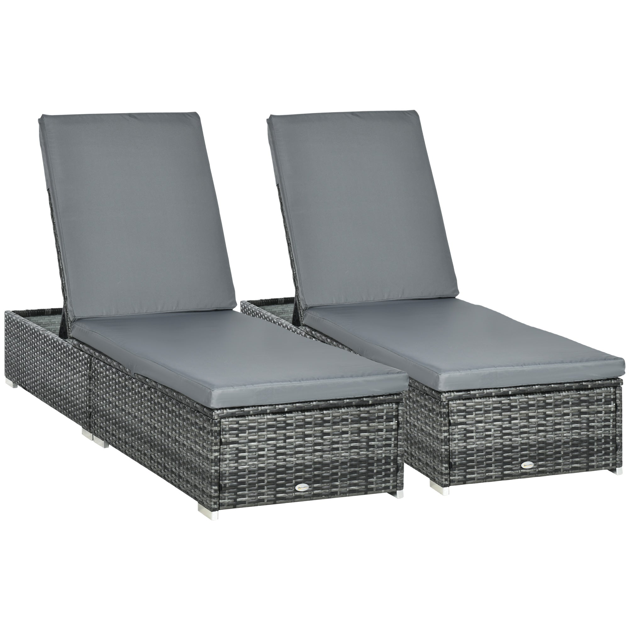 Outsunny PE Rattan Sun Loungers set of 2 with Cushion, Outdoor 2 Pieces Garden Sunbed Furniture with 5-Level Recliner Backrest, Reclining Patio Wicker Bed Chair, Grey - North Peak Garden Furniture