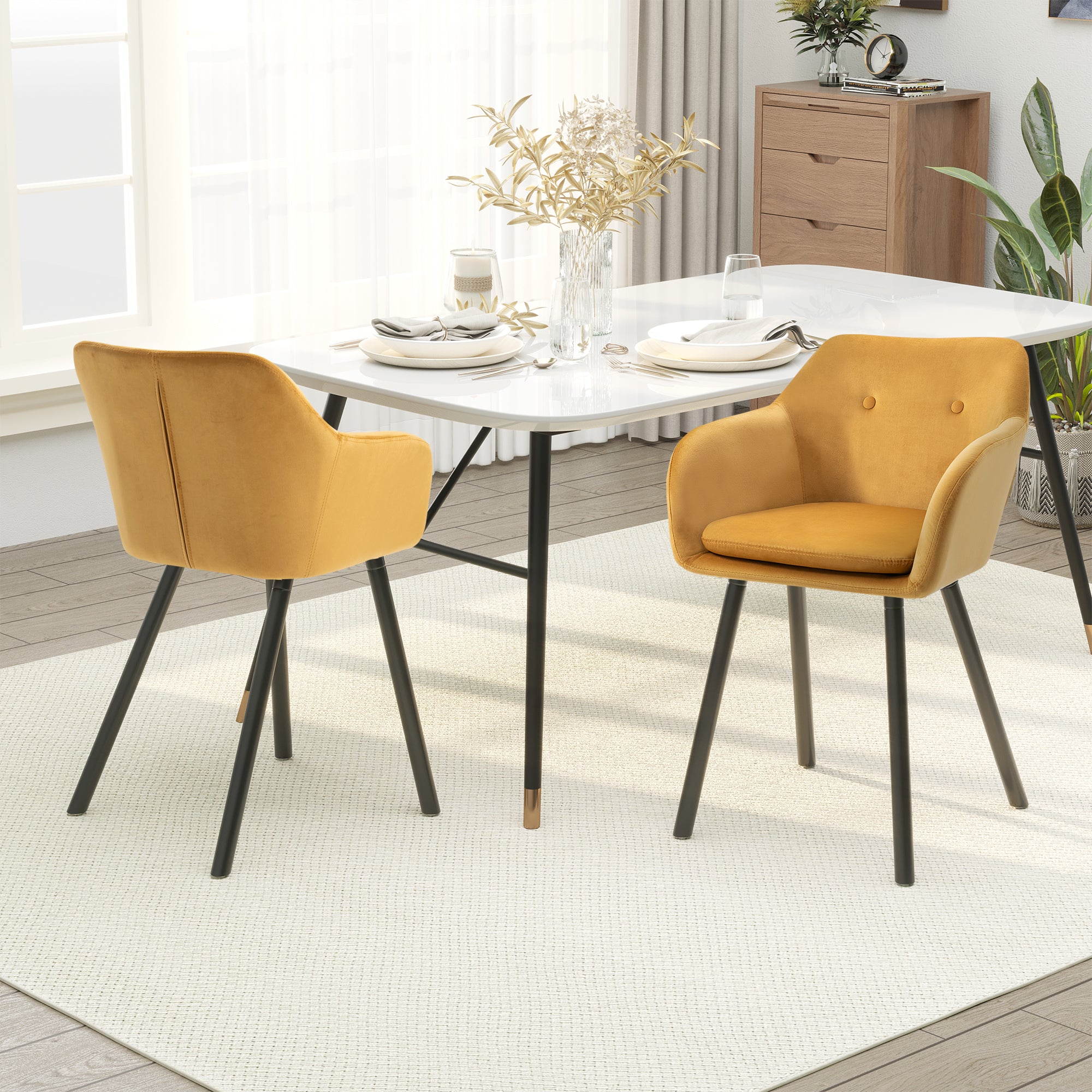 HOMCOM Dining Chairs Set of 2 Modern Upholstered Fabric Velvet-Touch Leisure Chairs with Backrest and Armrests, Lounge Reception Chairs for Home Office Kitchen Counter, Yellow - North Peak Garden Furniture