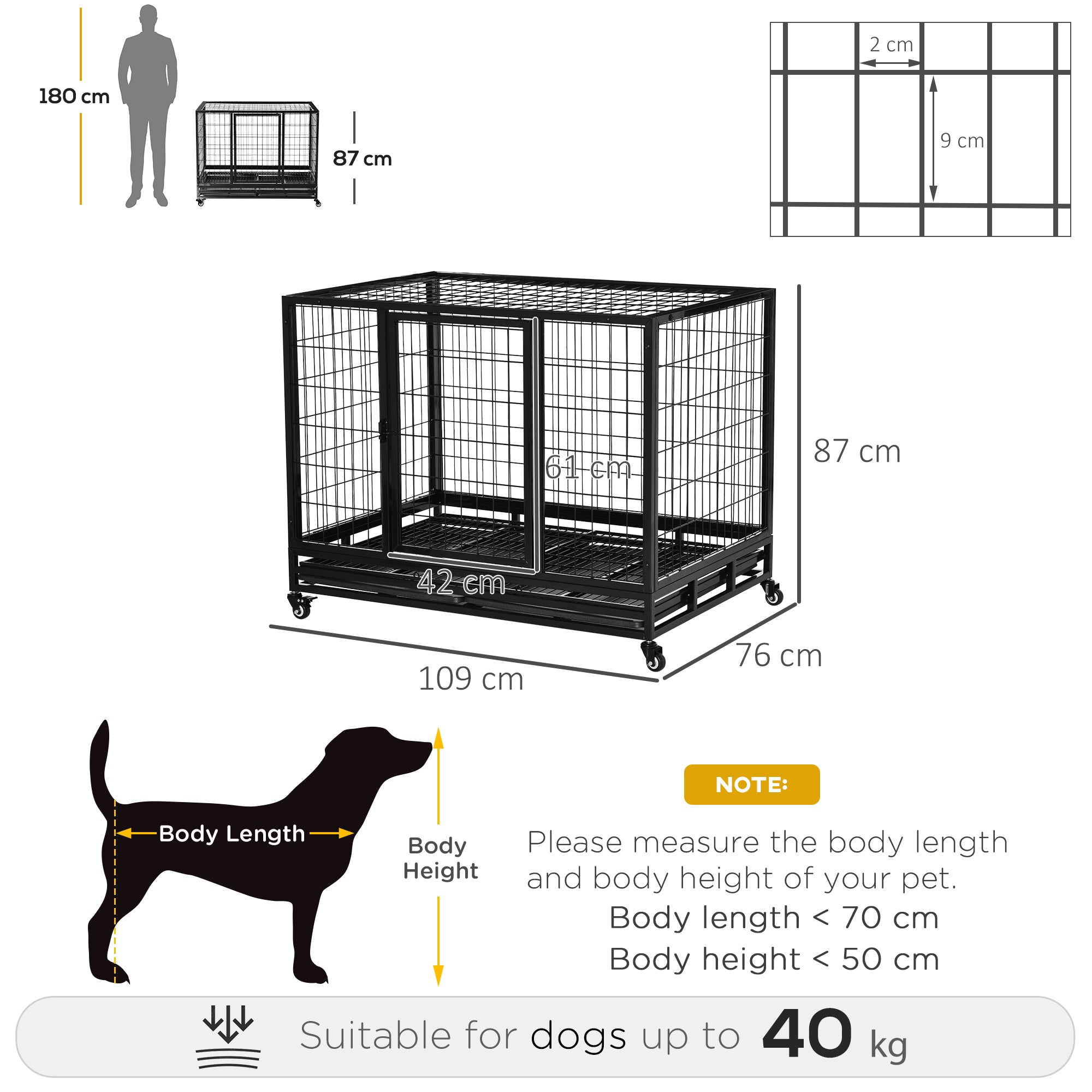 PawHut 43" Heavy Duty Metal Dog Kennel Pet Cage with Crate Tray and Wheels - Black (Large)