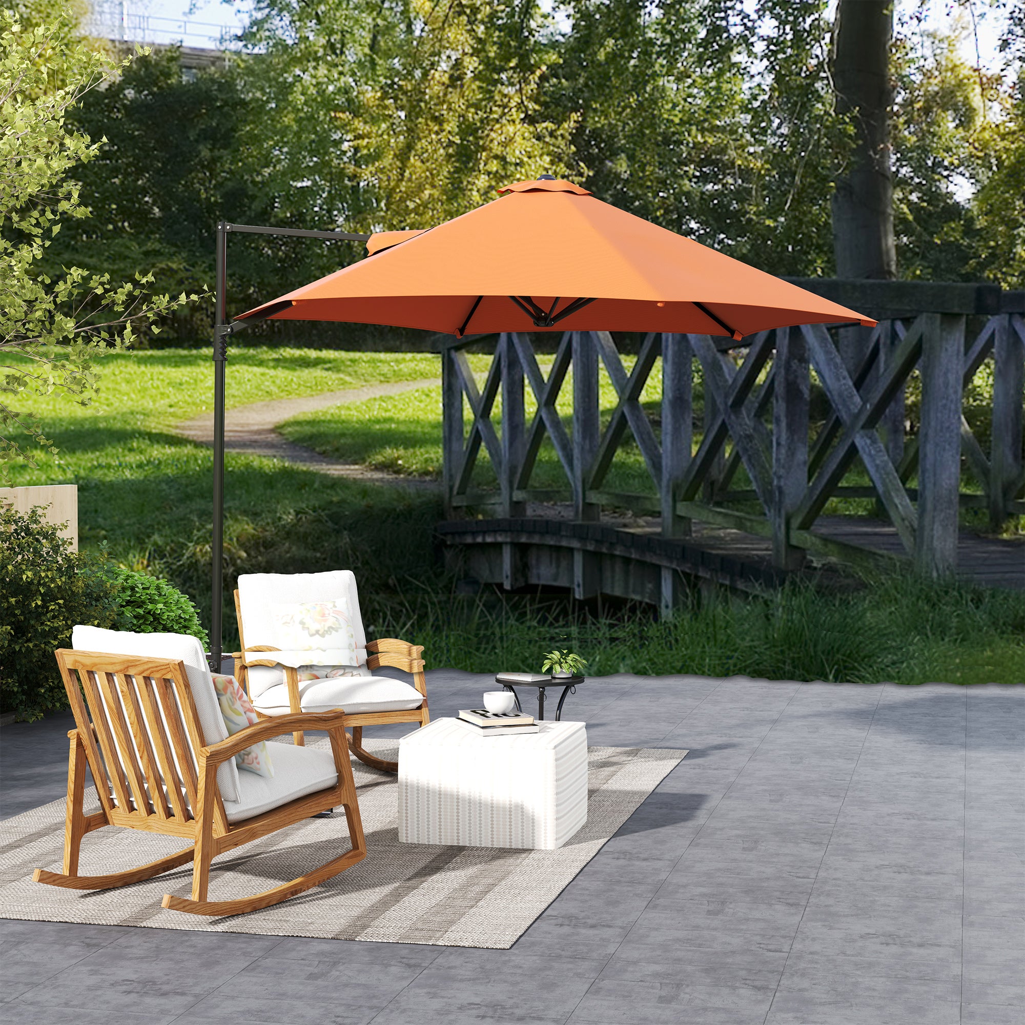 Outsunny 2.5M Garden Cantilever Parasol, Offset Roma Patio Umbrella Hanging Sun Shade Canopy Shelter with 360° Rotation and Cross Base, Orange - North Peak Garden Furniture