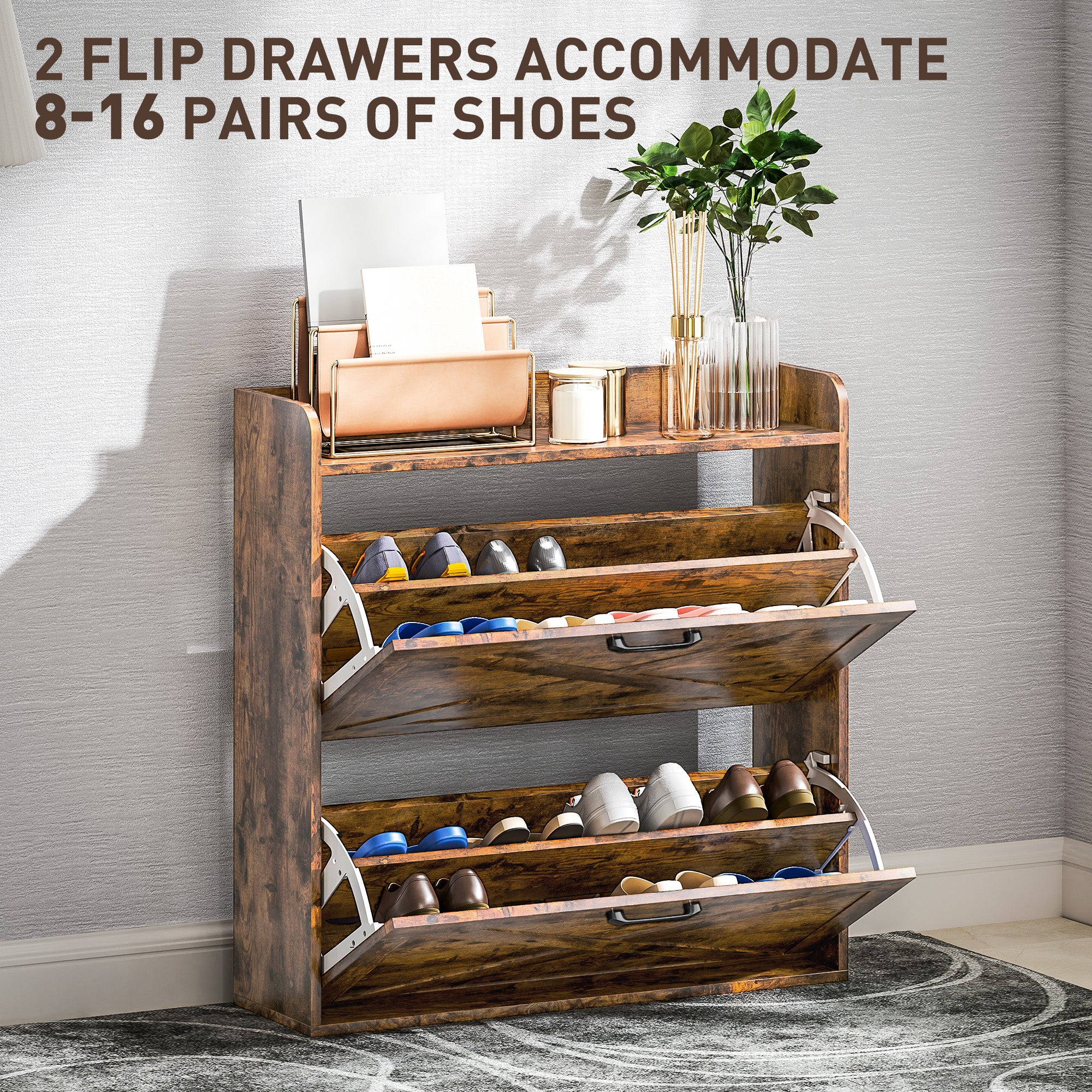 HOMCOM Two Flip Drawer Narrow Shoe Cabinet with Adjustable Shelves - Rustic Brown - North Peak Garden Furniture